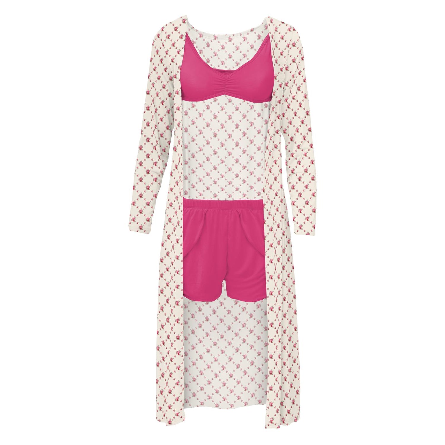 Women's Print Sleeping Bra, Tulip Shorts and Duster Robe Set in Natural Rose Trellis