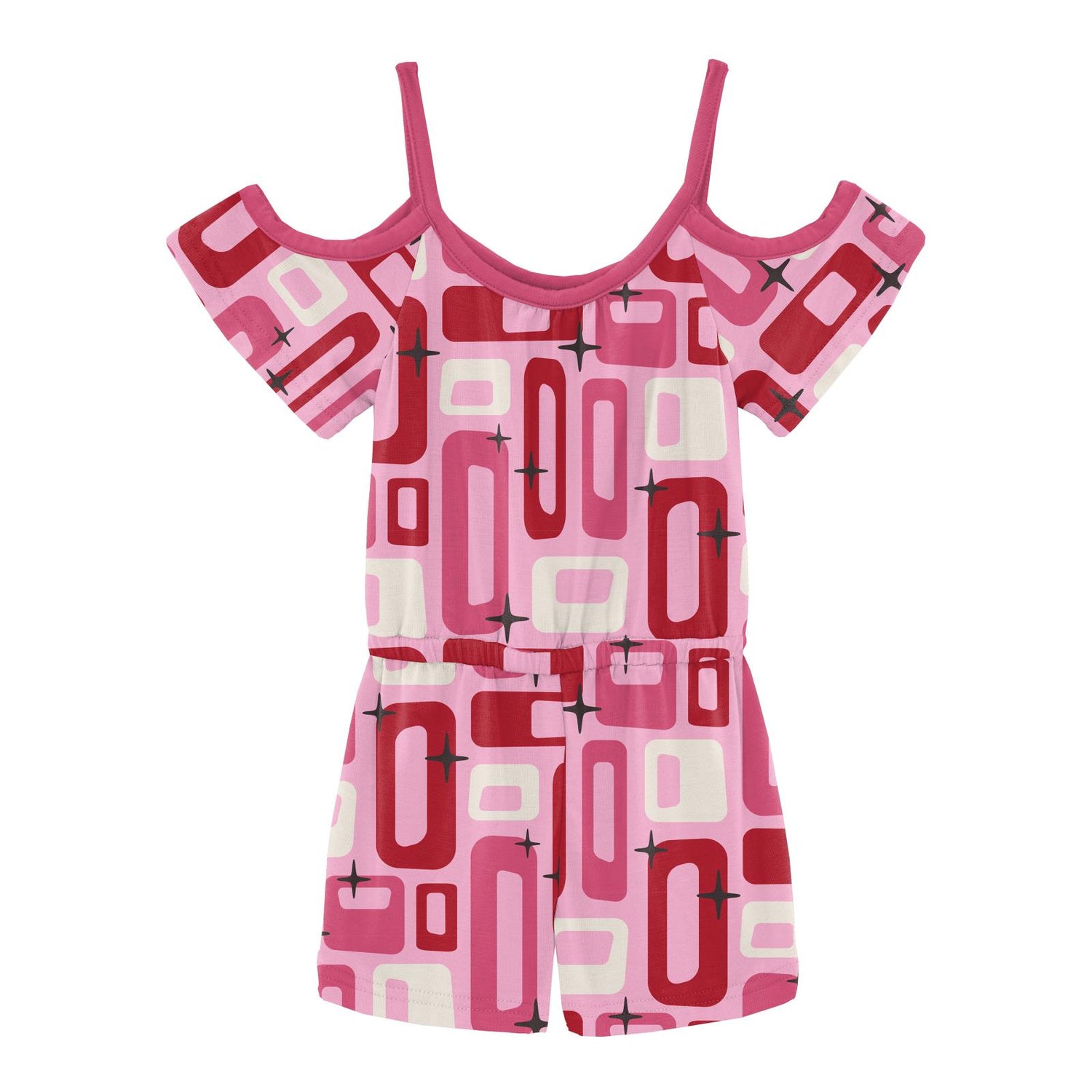 Print Open-Shoulder Romper in Cotton Candy Mid Century Modern