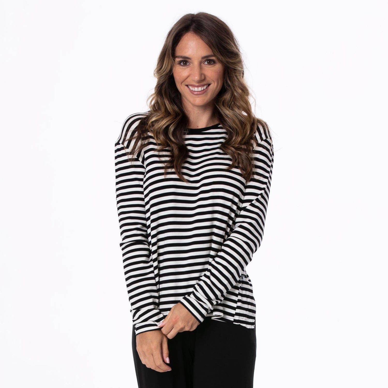 Women's Print Long Sleeve Butterfly Open-Back Top in Jailhouse Rock Stripe