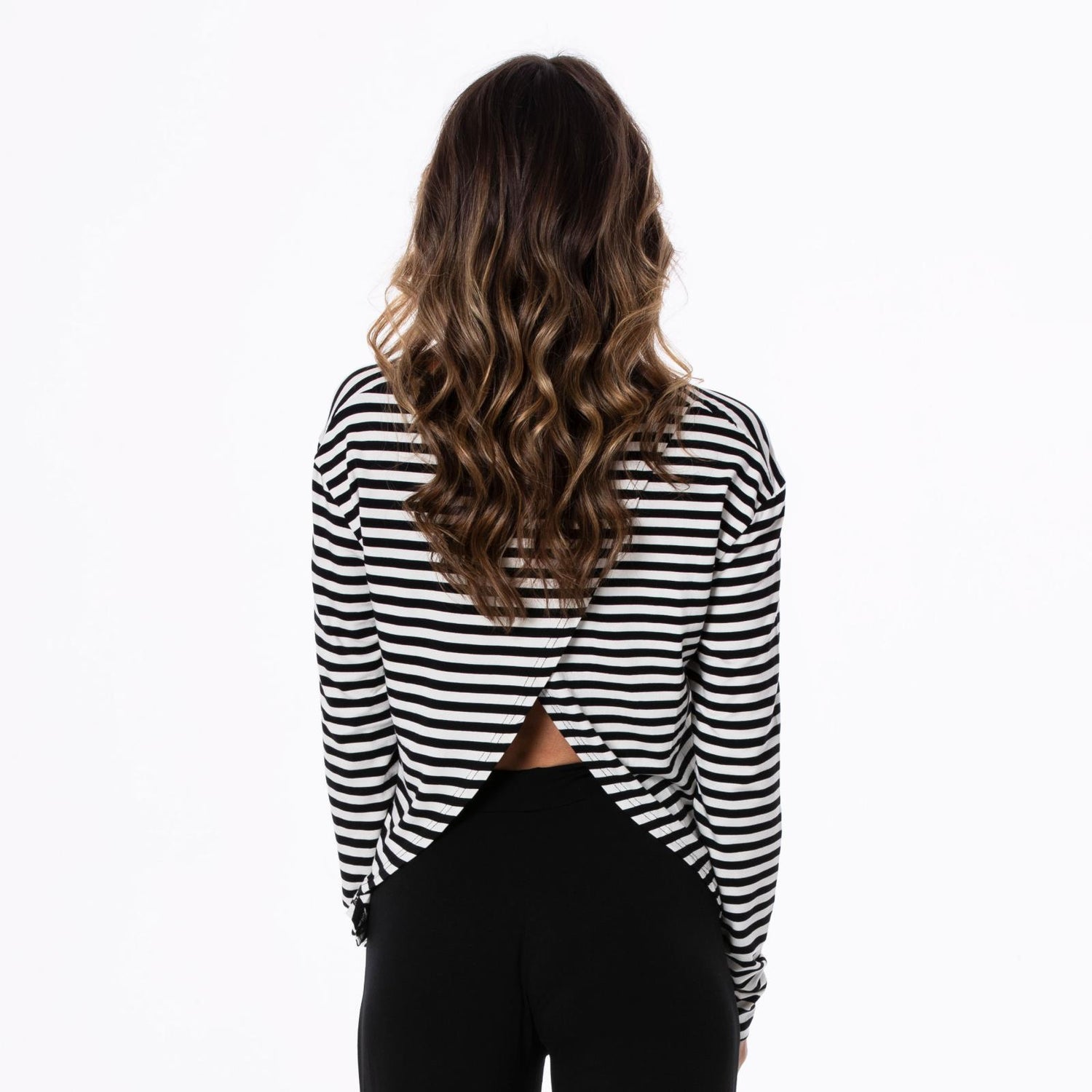 Women's Print Long Sleeve Butterfly Open-Back Top in Jailhouse Rock Stripe