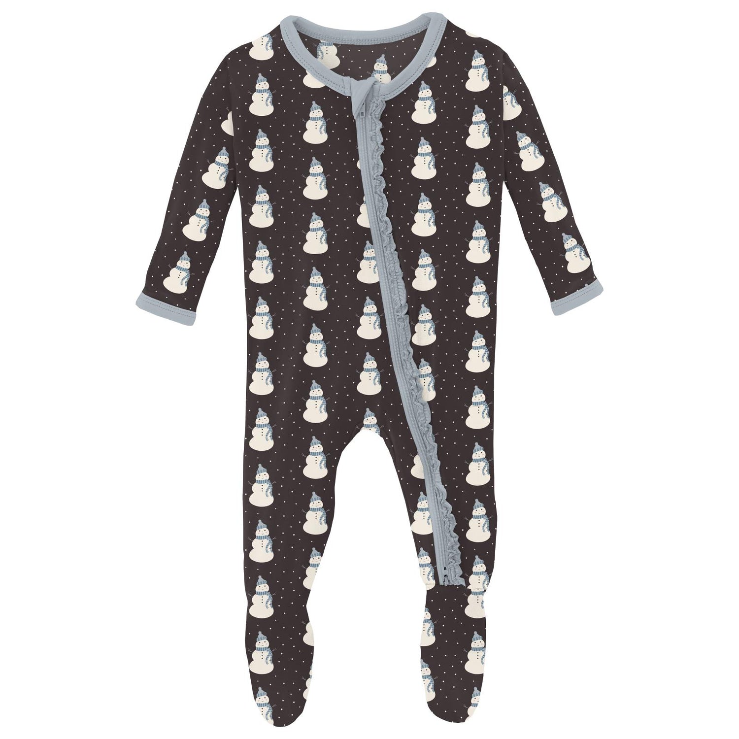 Print Muffin Ruffle Footie with 2 Way Zipper in Midnight Tiny Snowman