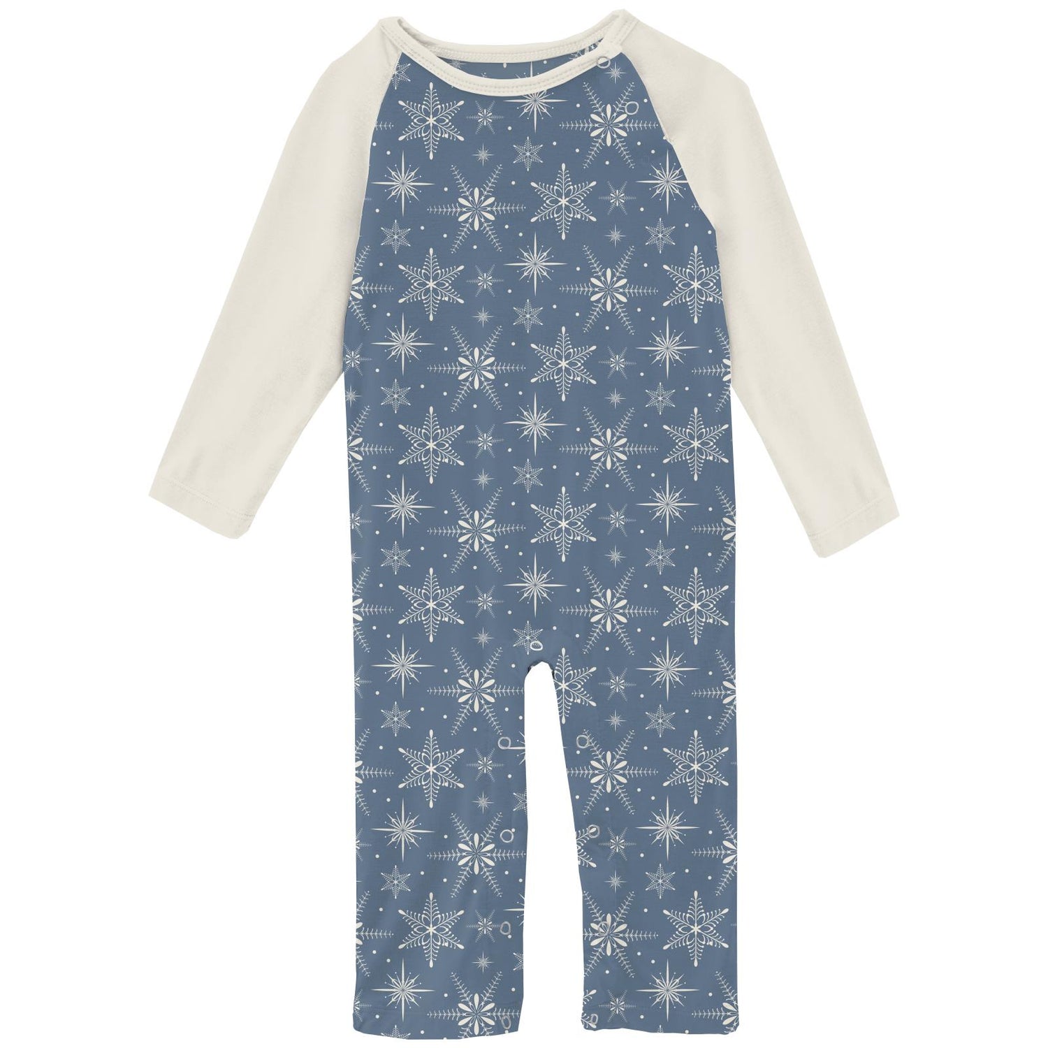 Print Long Sleeve Raglan Romper in Parisian Blue Snowflakes