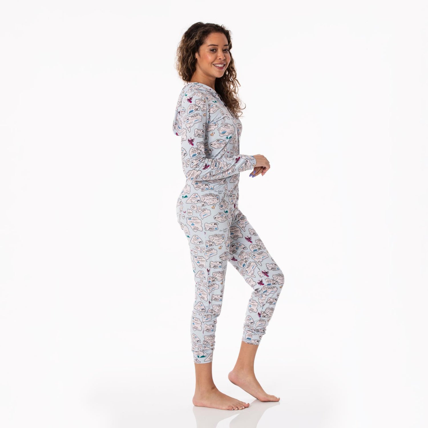 Women's Print Long Sleeve Jumpsuit with Hood in Dew Pirate Map