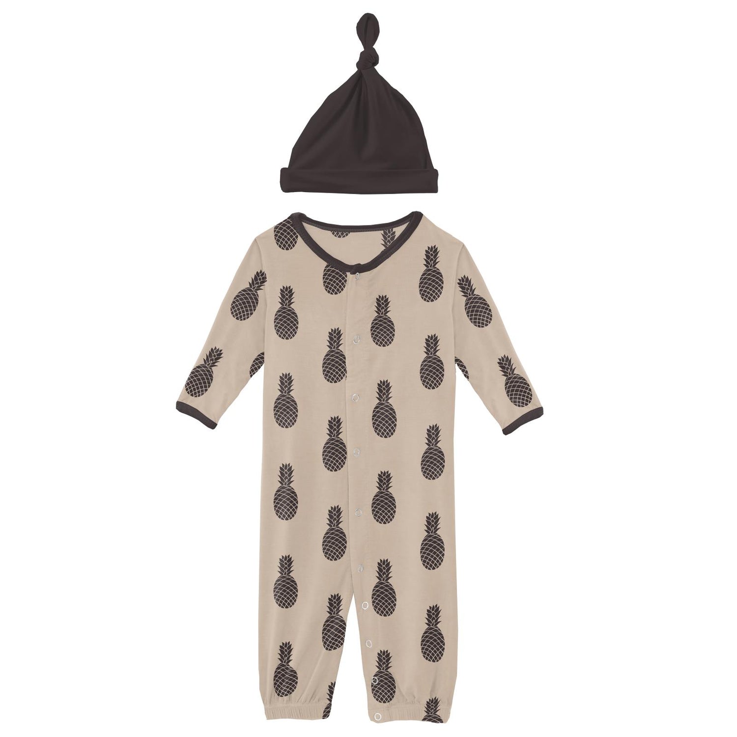 Print Layette Gown Converter & Single Knot Hat Set in Burlap Pineapples