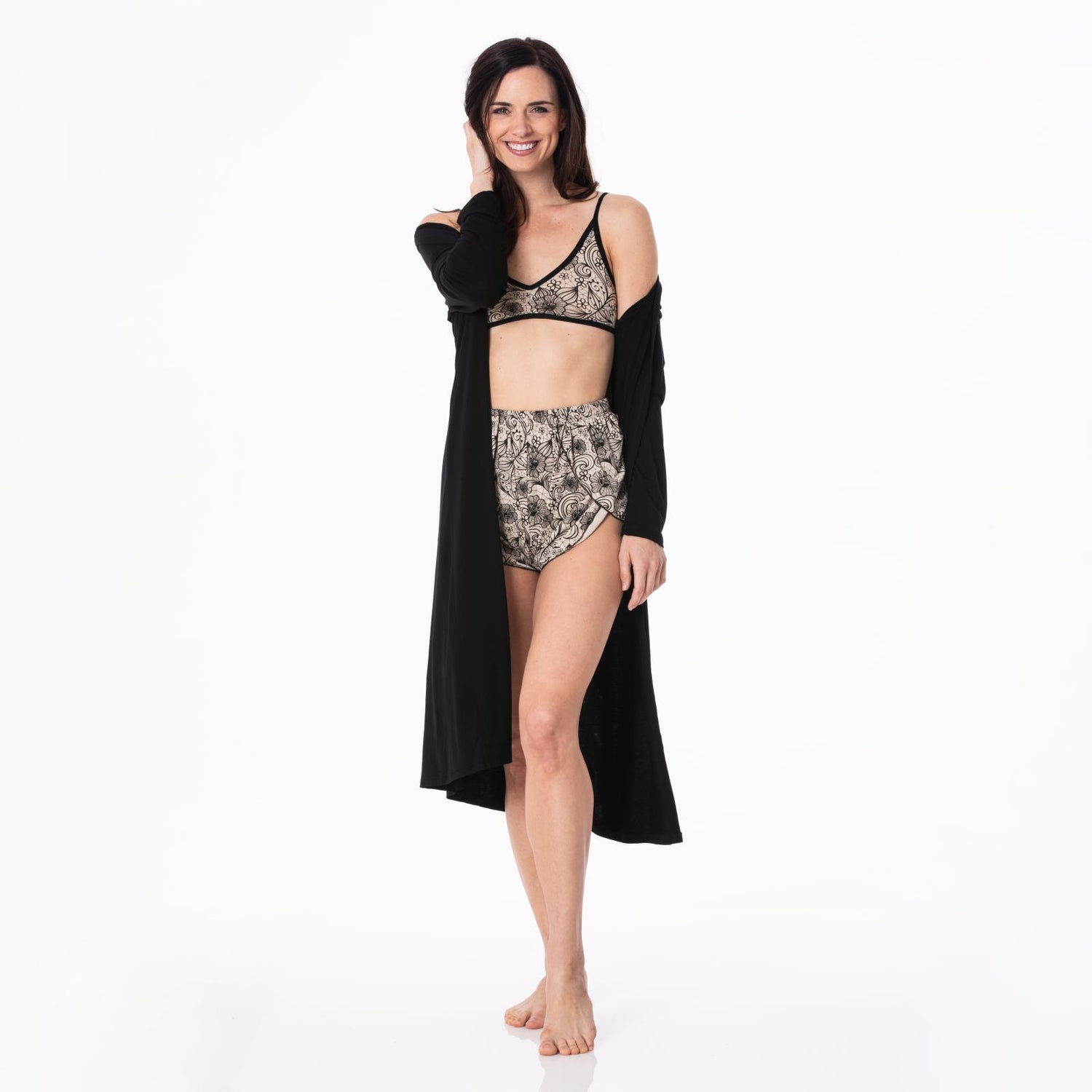 Women's Print Sleeping Bra, Tulip Shorts and Duster Robe Set in Burlap Lace