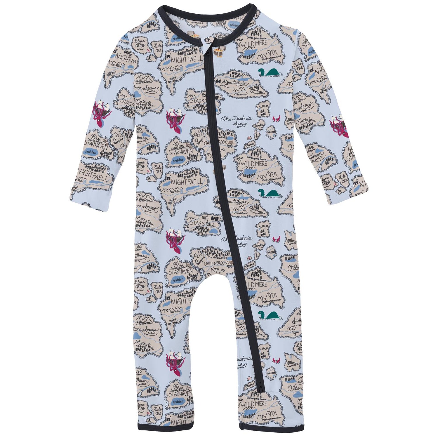 Print Coverall with 2 Way Zipper in Dew Pirate Map