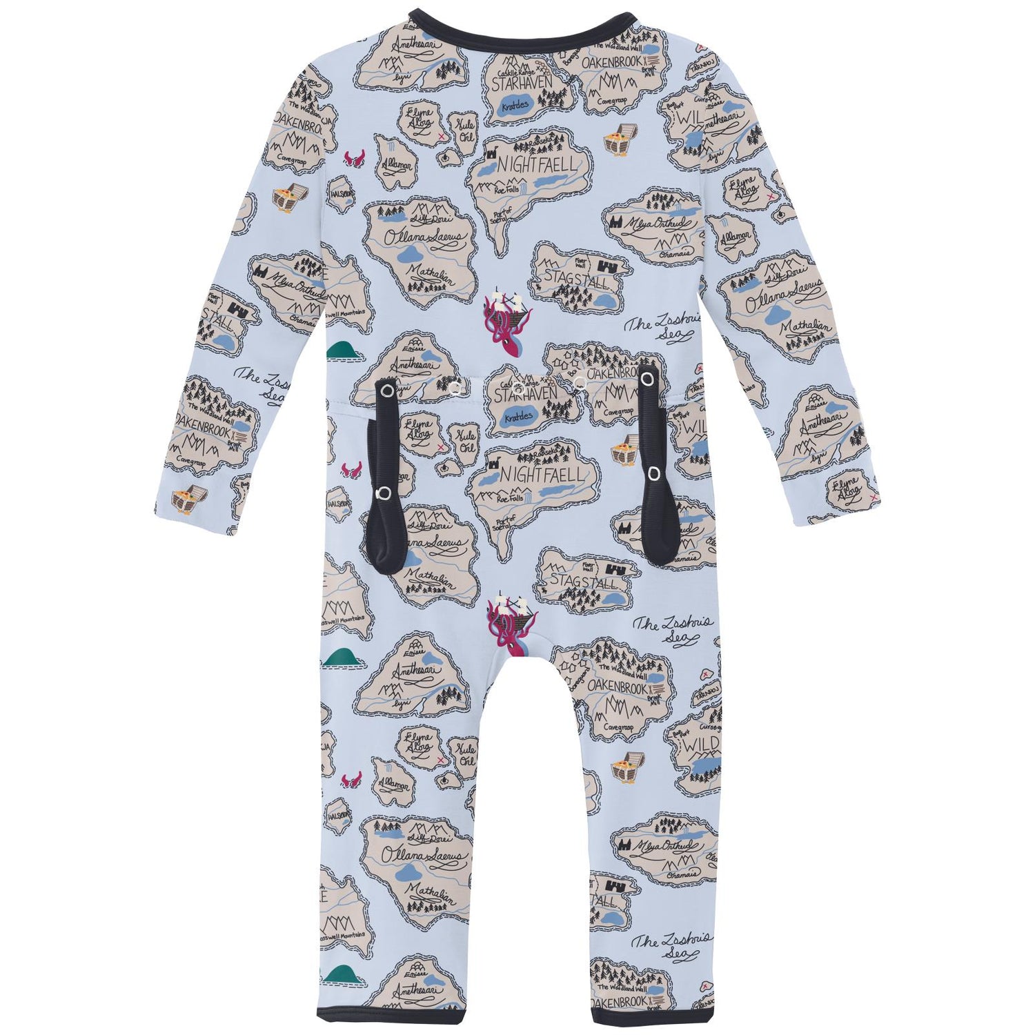 Print Coverall with 2 Way Zipper in Dew Pirate Map