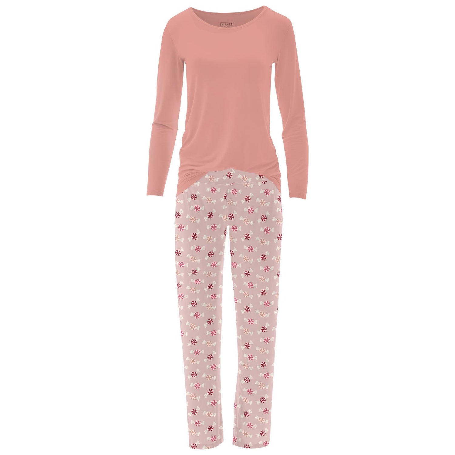 Women's Print Long Sleeve Relaxed Tee & Pajama Pants Set in Baby Rose Peppermints