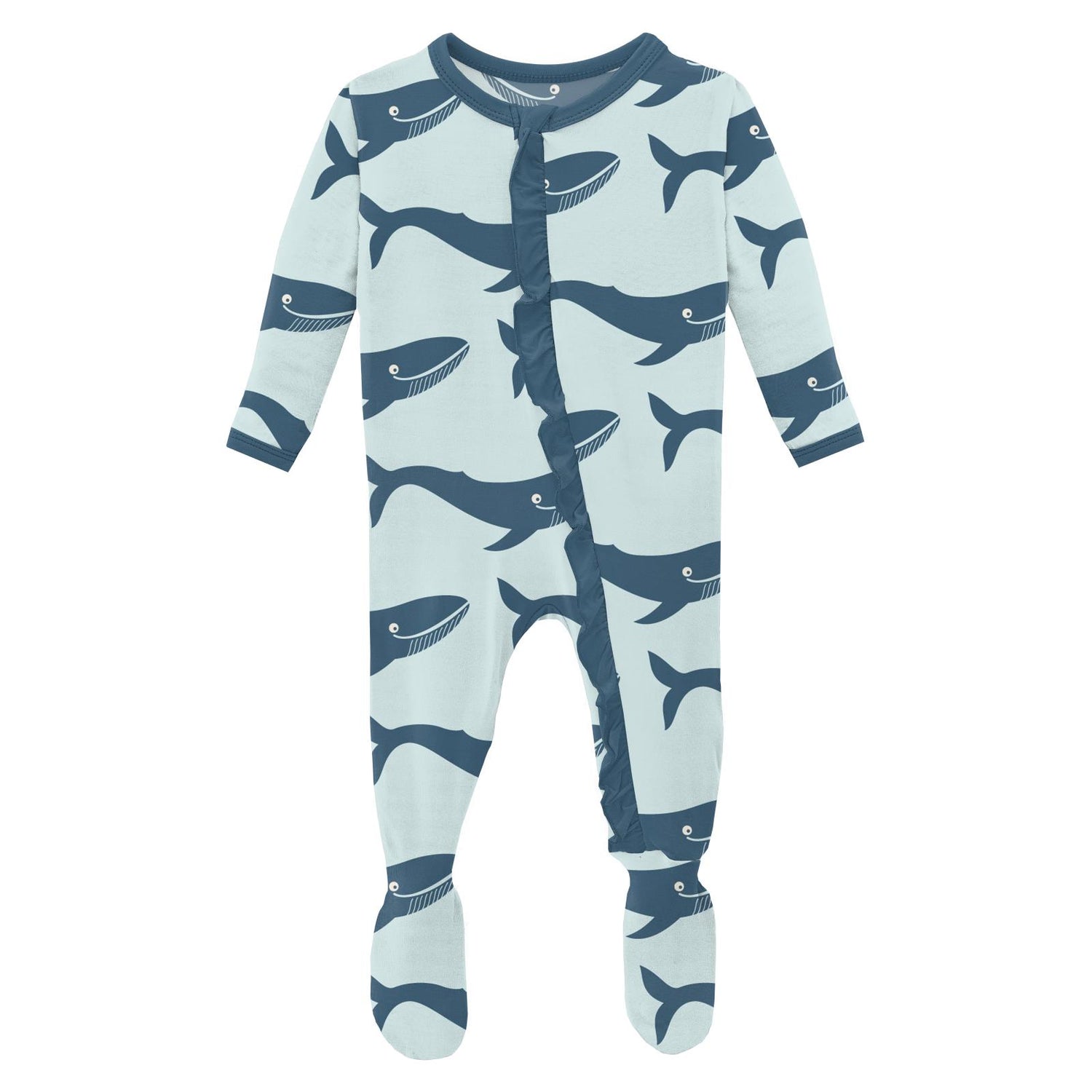 Print Classic Ruffle Footie with Zipper in Fresh Air Blue Whales