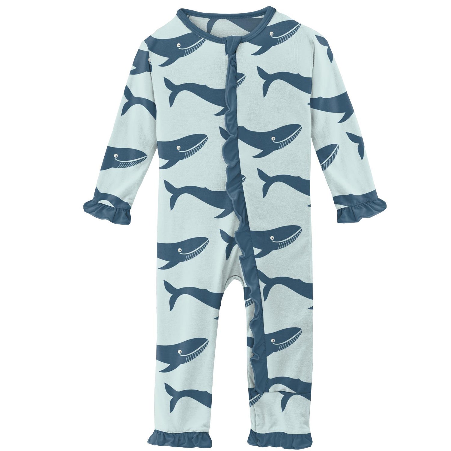 Print Classic Ruffle Coverall with Zipper in Fresh Air Blue Whales