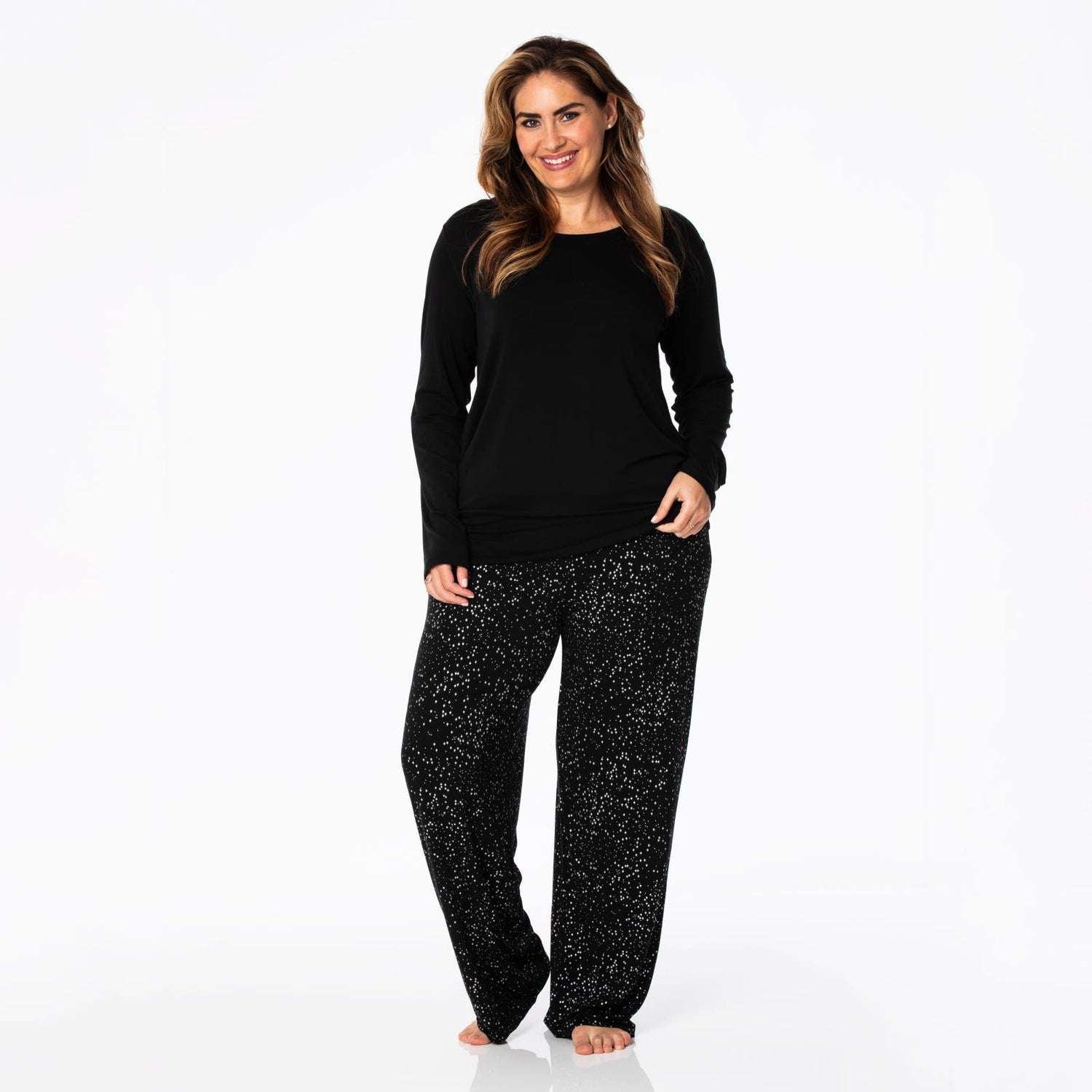 Women's Print Long Sleeve Loosey Goosey Tee & Pajama Pants Set in Midnight Foil Constellations