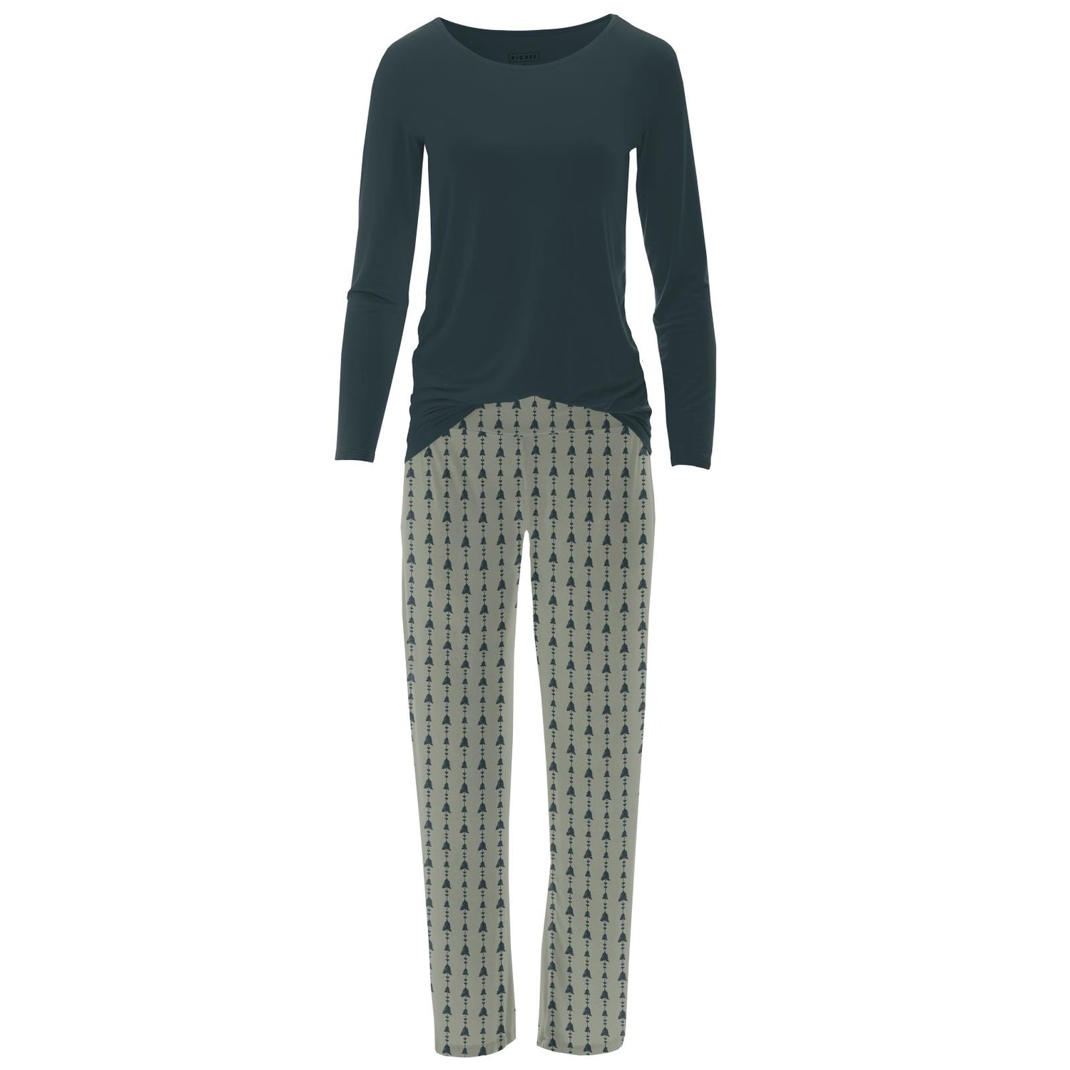 Women's Print Long Sleeve Loosey Goosey Tee & Pajama Pants Set in Silver Sage Trees & Hearts