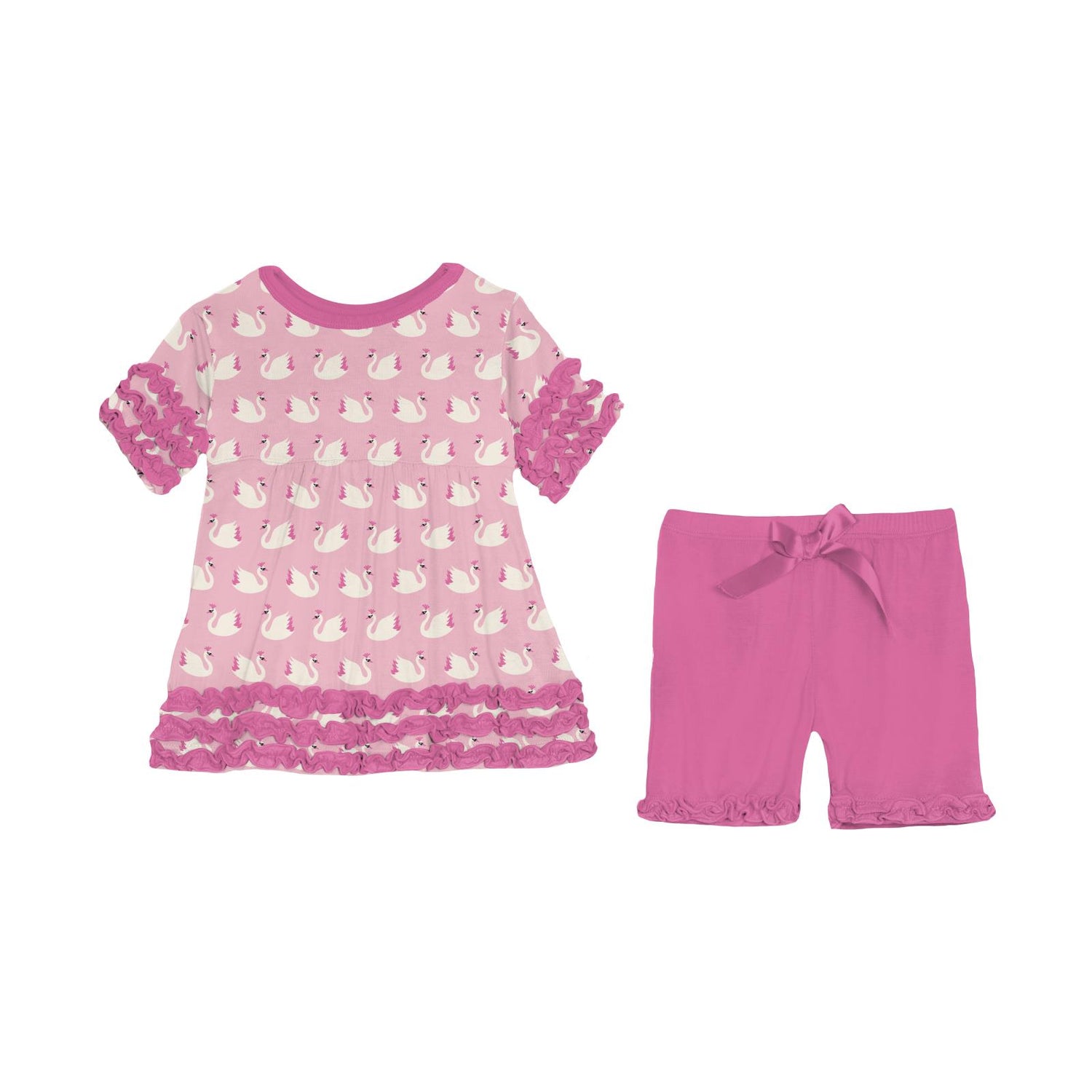 Print Short Sleeve Babydoll Outfit Set with Shorts in Cake Pop Swan Princess