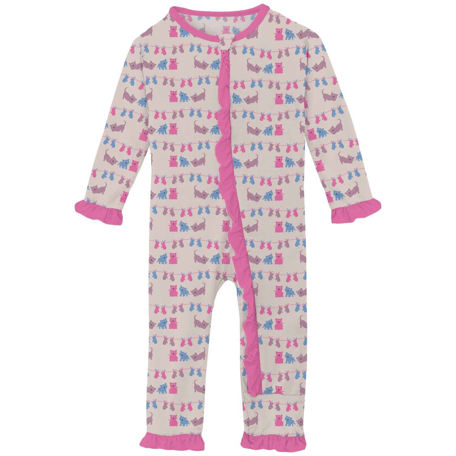 Print Classic Ruffle Coverall with 2 Way Zipper in Latte 3 Little Kittens