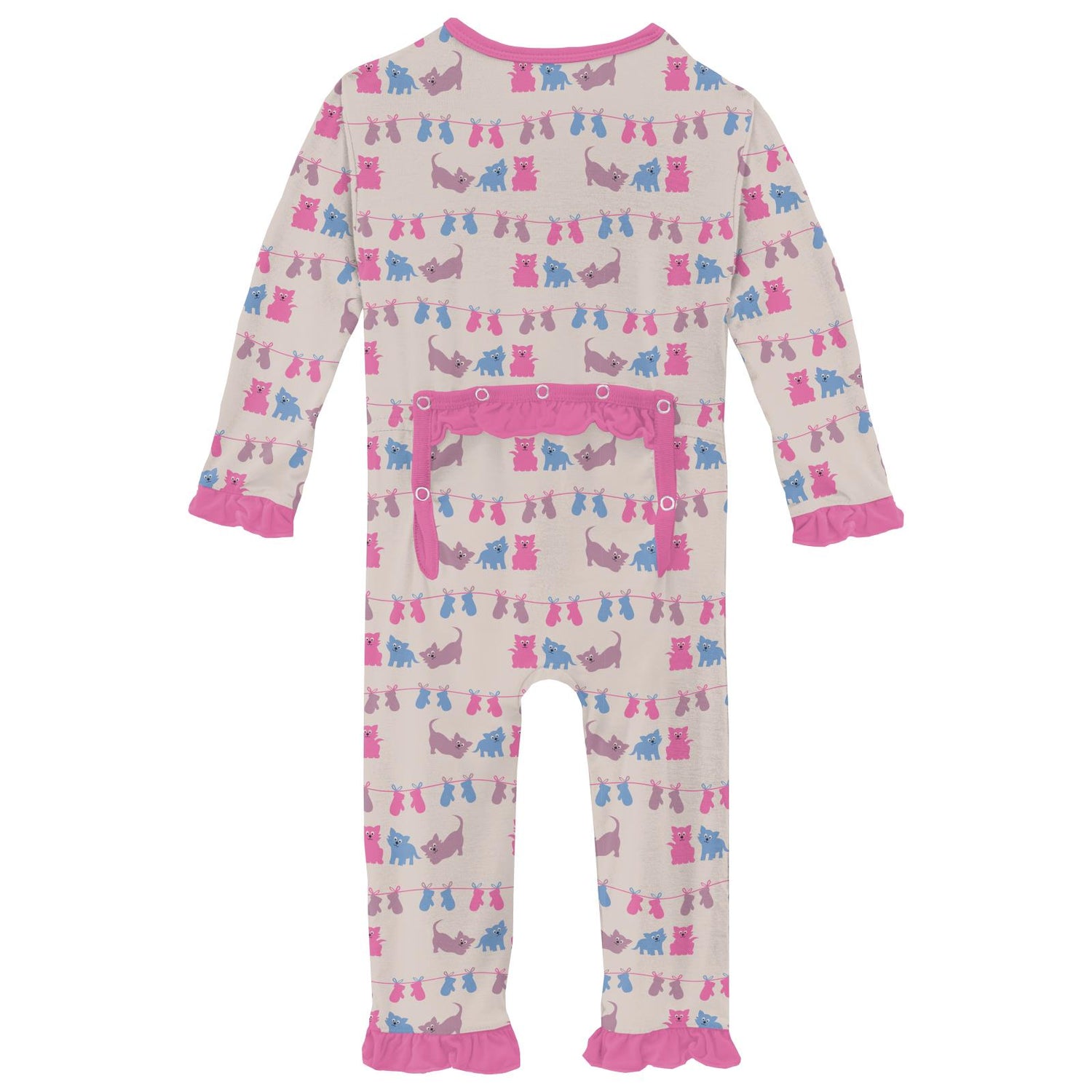 Print Classic Ruffle Coverall with 2 Way Zipper in Latte 3 Little Kittens