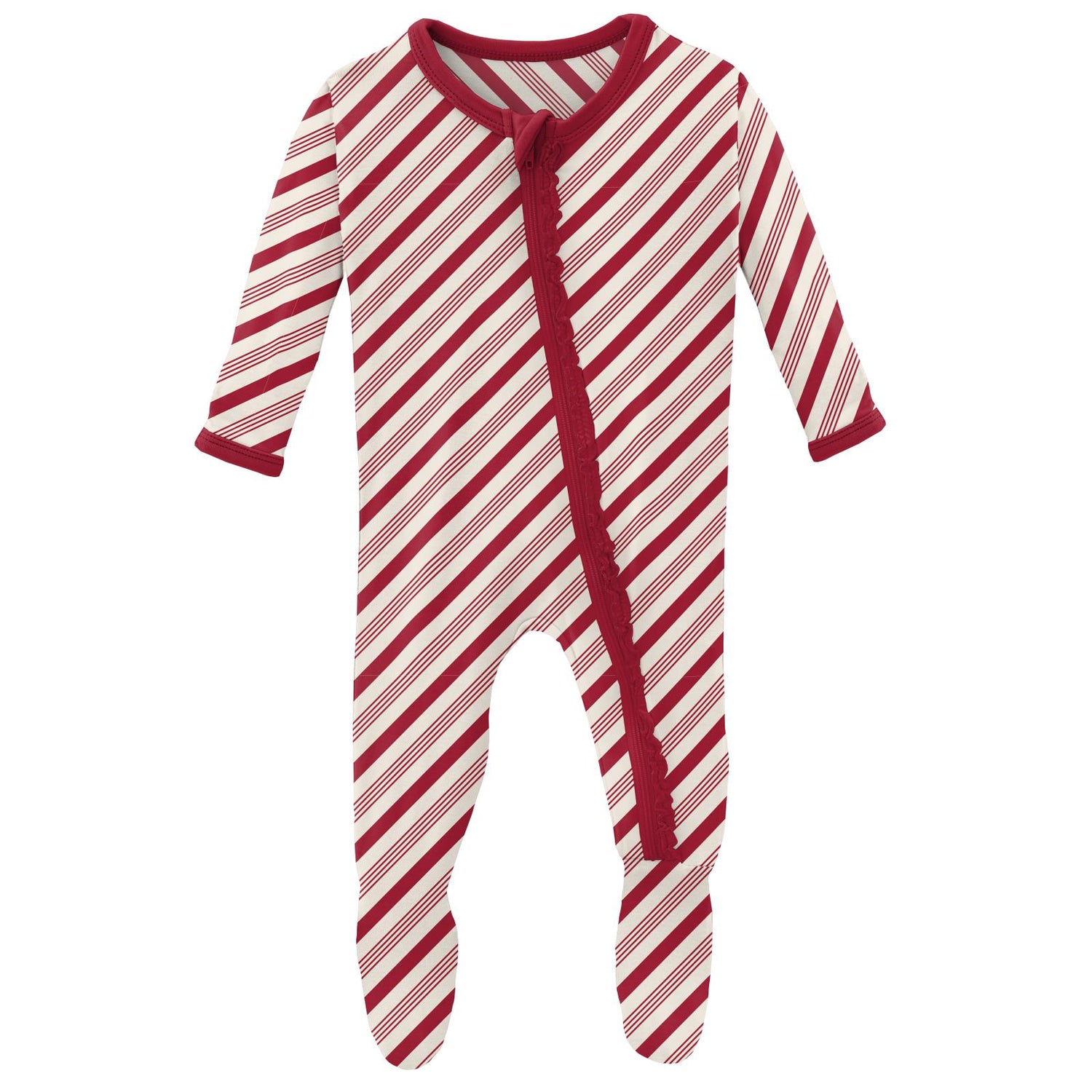 Print Muffin Ruffle Footie with Zipper in Crimson Candy Cane Stripe