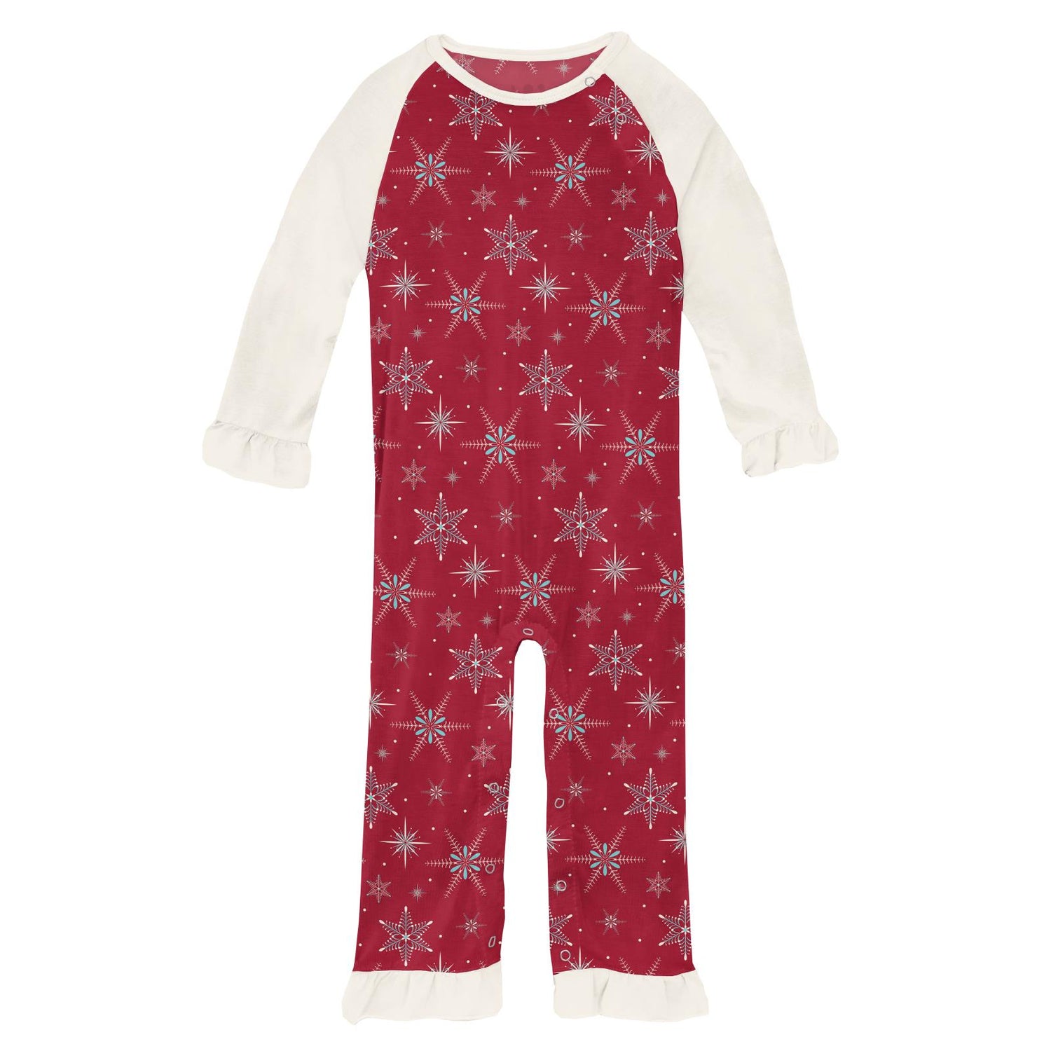 Print Ruffle Raglan Romper in Crimson Snowflakes