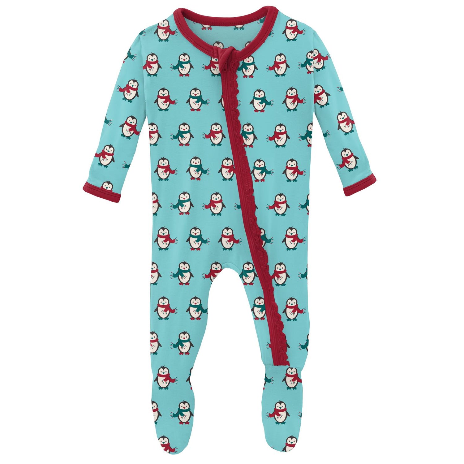 Print Muffin Ruffle Footie with Zipper in Iceberg Penguins