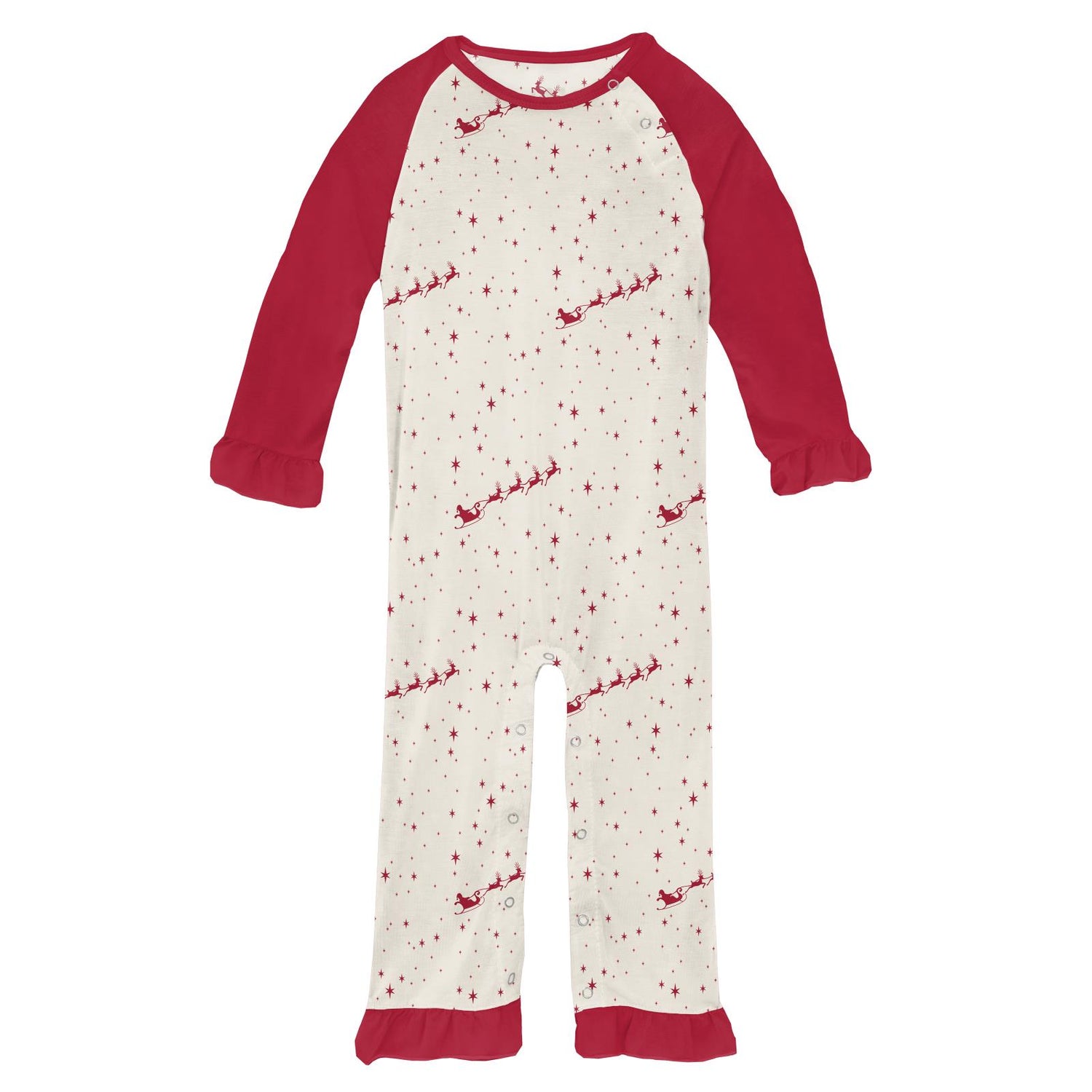 Print Ruffle Raglan Romper in Natural Flying Santa