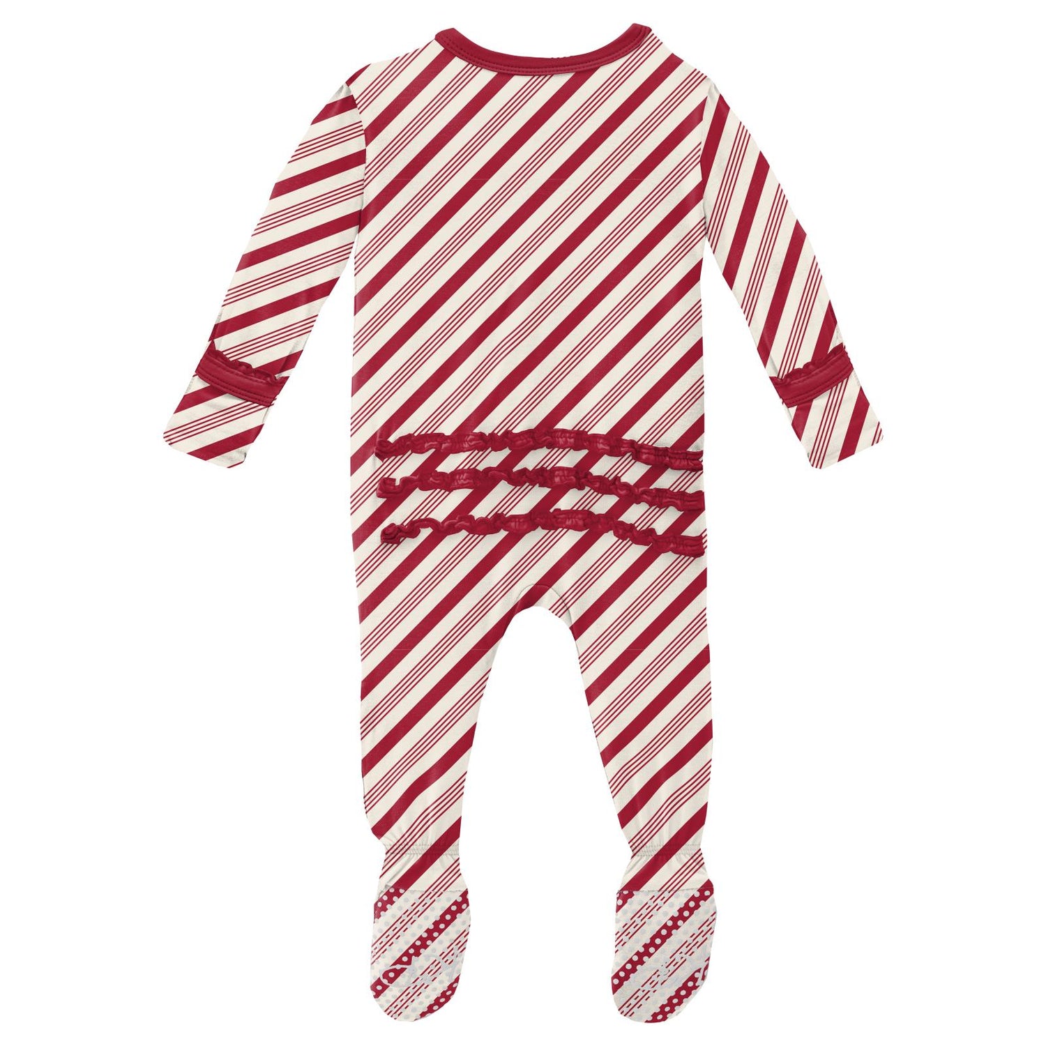 Print Muffin Ruffle Footie with Zipper in Crimson Candy Cane Stripe