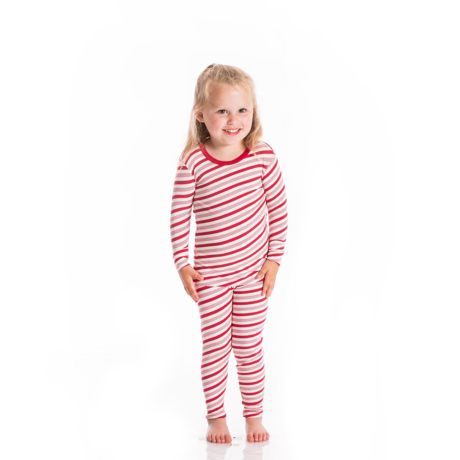 Print Long Sleeve Pajama Set in Crimson Candy Cane Stripe