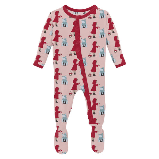 Print Classic Ruffle Footie with 2 Way Zipper in Baby Rose Little Red Let's Be Friends