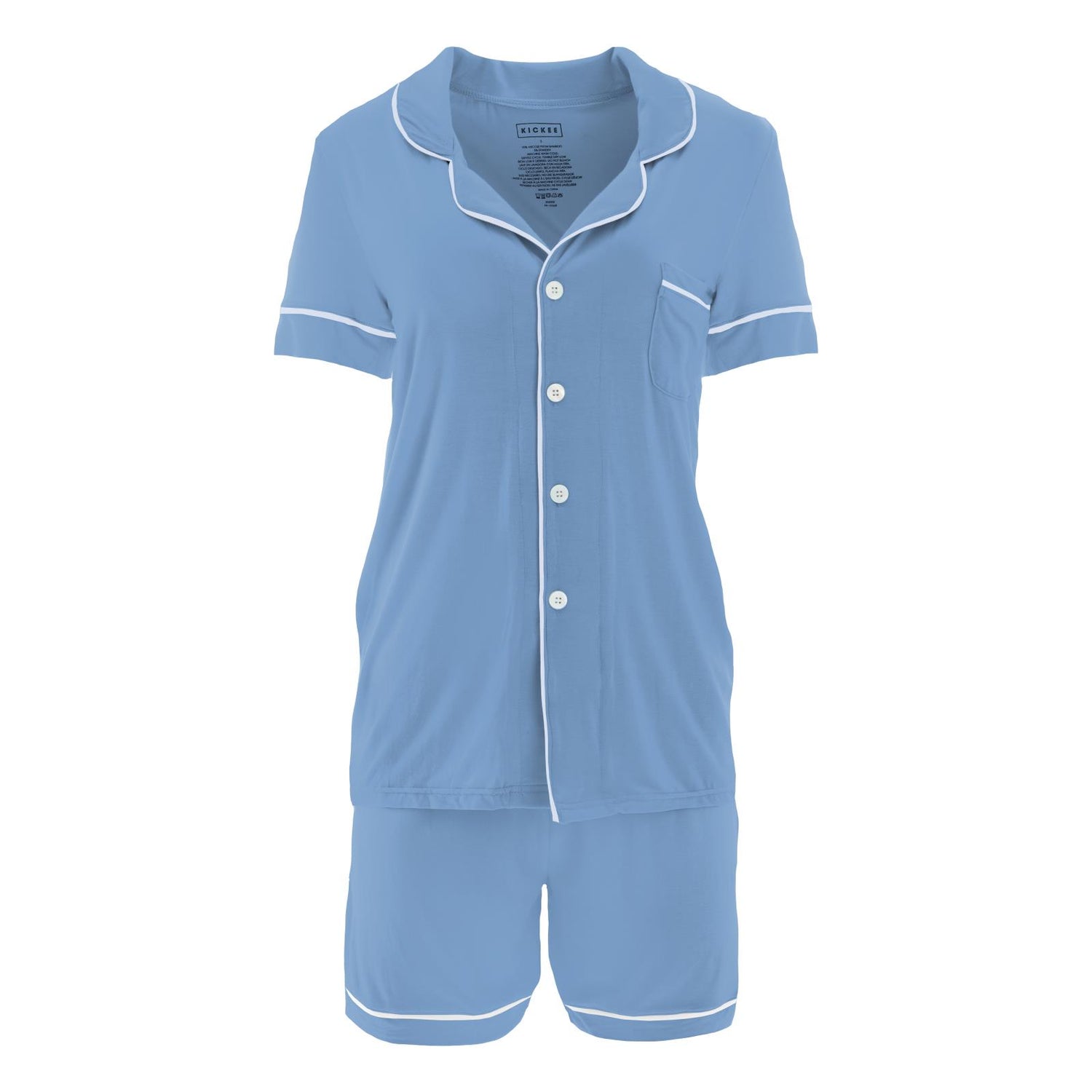 Women's Short Sleeve Collared Pajama Set with Shorts in Dream Blue with Dew