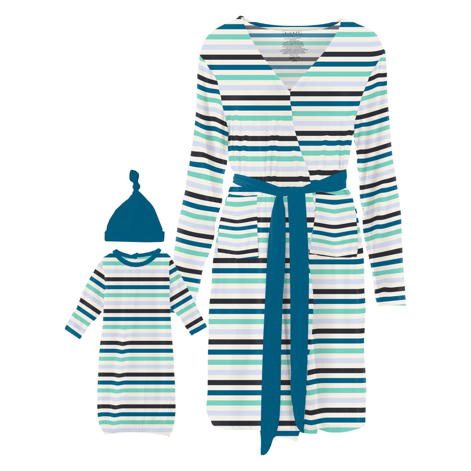 Women's Print Mid Length Lounge Robe & Layette Gown Set in Little Boy Blue Stripe