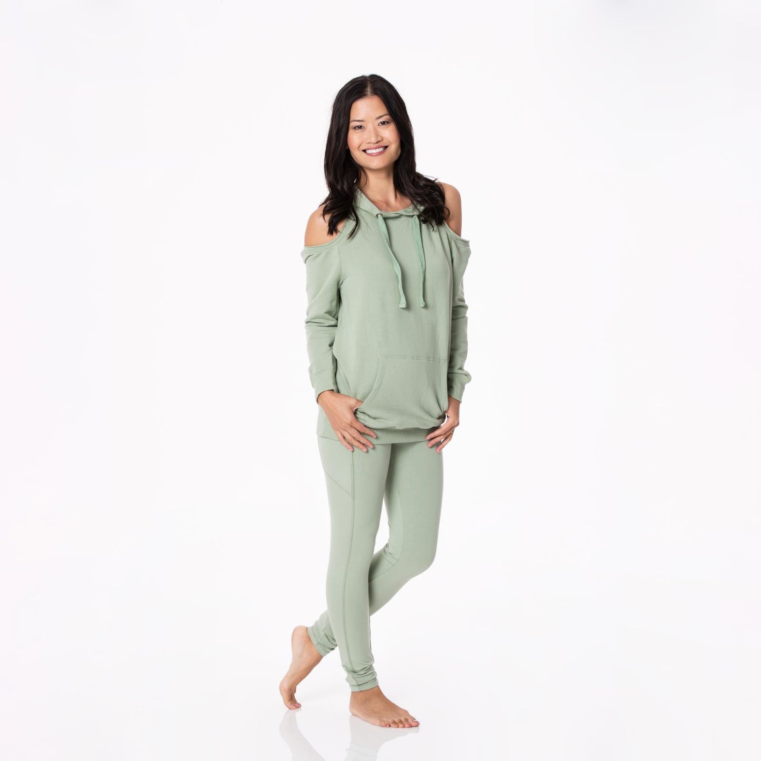 Fleece Open-Shoulder Pullover in Silver Sage