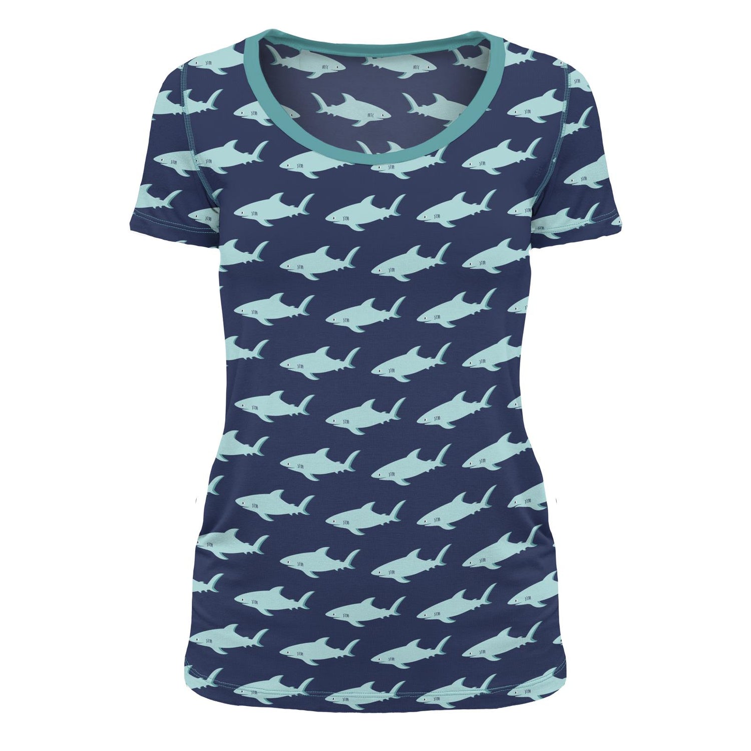 Women's Print Short Sleeve Scoop Neck Tee in Flag Blue Sharky