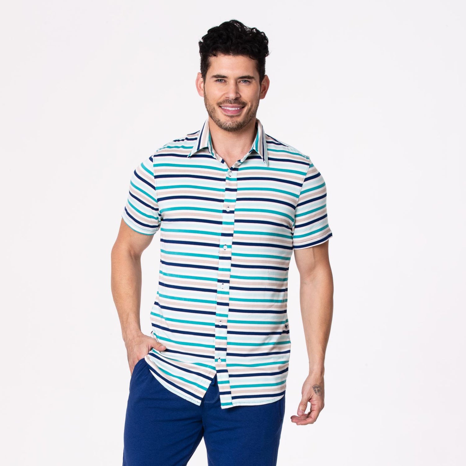 Men's Print Short Sleeve Button Down Shirt in Sand and Sea Stripe