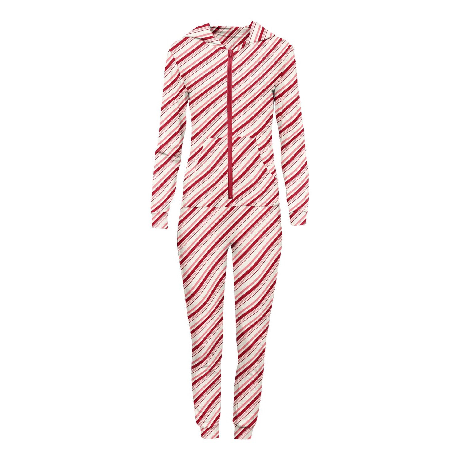 Women's Print Long Sleeve Jumpsuit with Hood in Strawberry Candy Cane Stripe