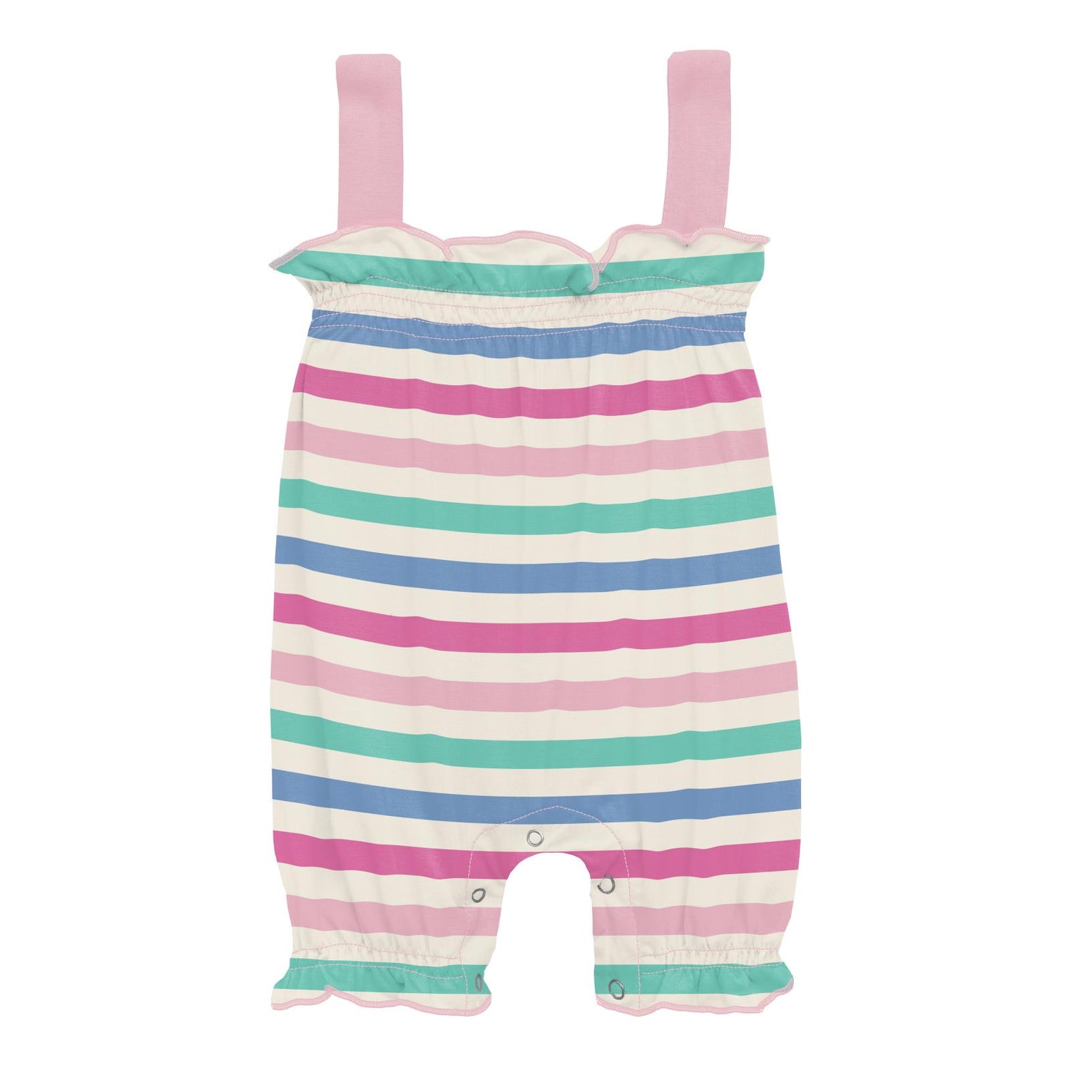 Print Gathered Romper in Skip To My Lou Stripe