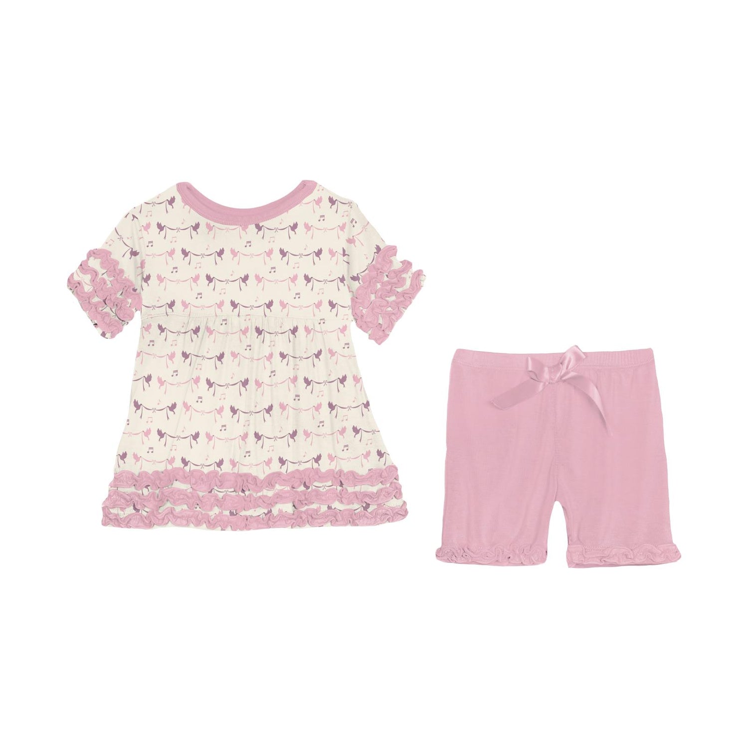 Print Short Sleeve Babydoll Outfit Set with Shorts in Natural Bird Banner