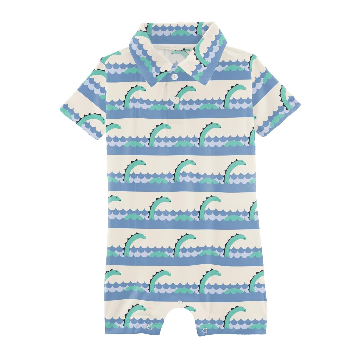 Print Short Sleeve Polo Romper in Natural Sea Monster