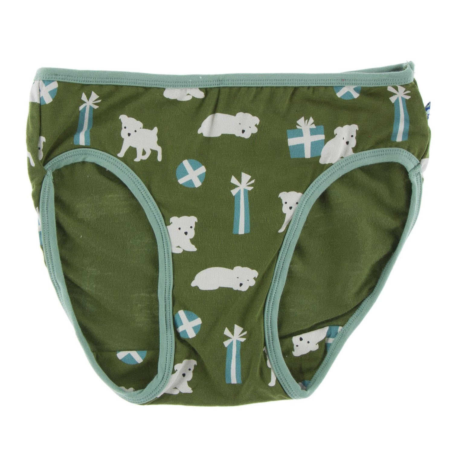 Print Underwear in Moss Puppies and Presents with Shore Trim