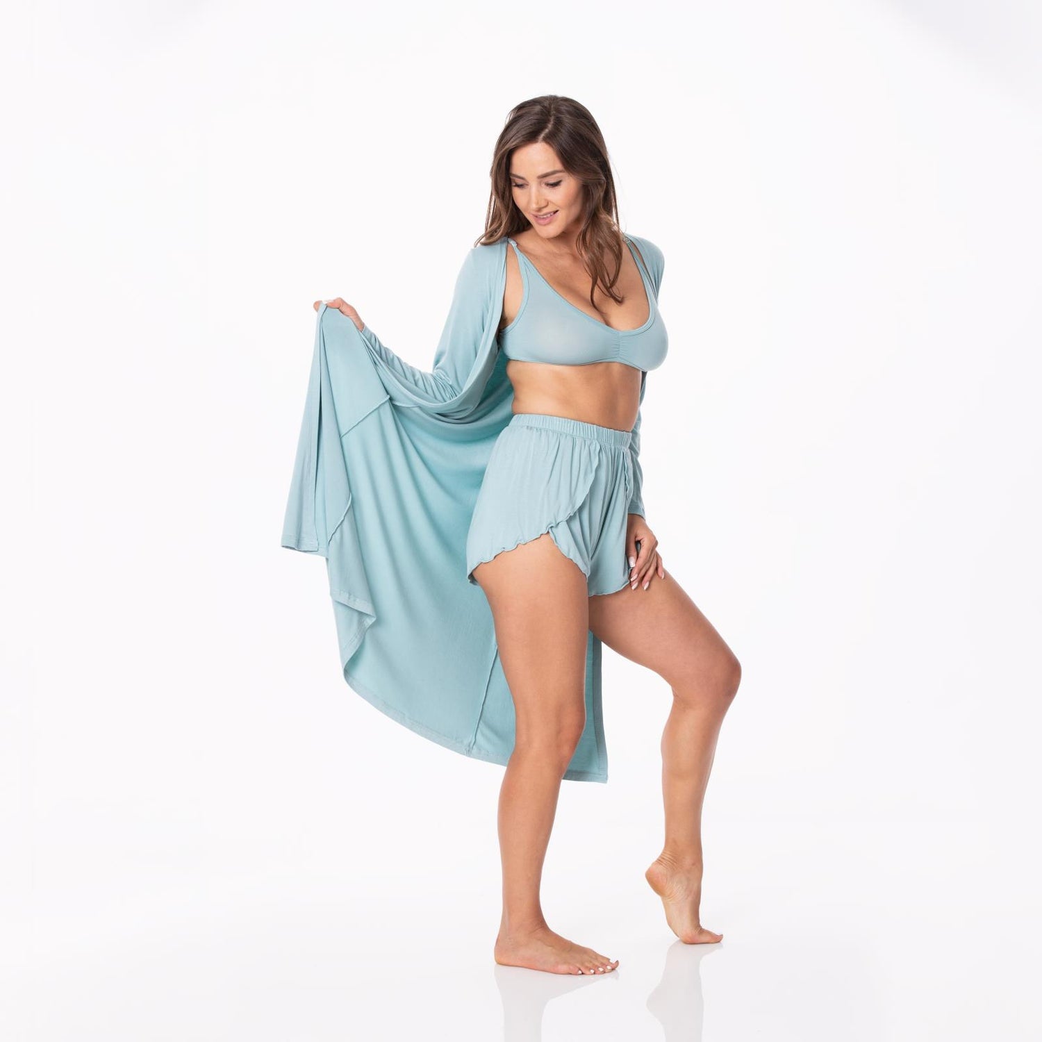 Women's Sleeping Bra, Tulip Shorts and Duster Robe Set in Jade