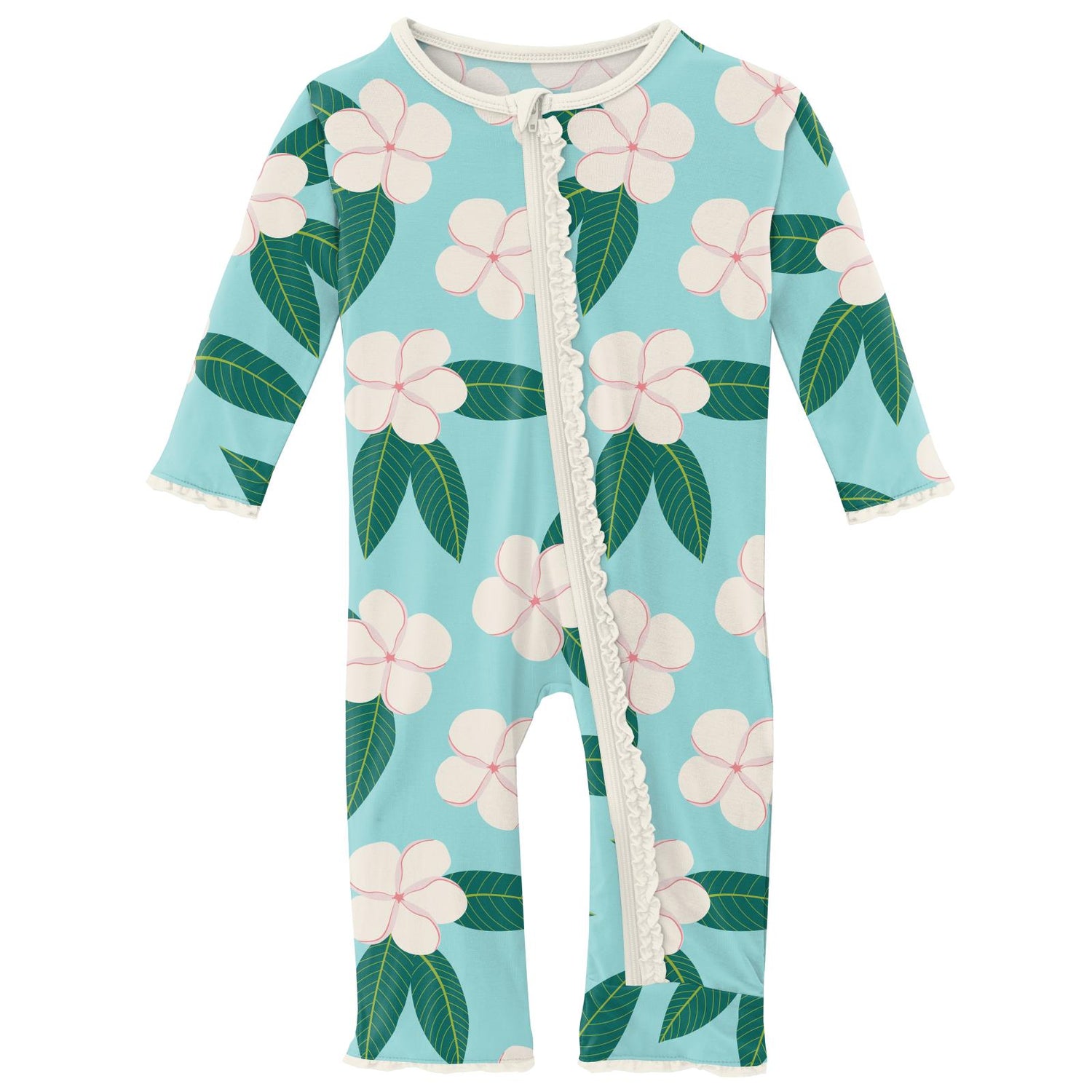 Print Muffin Ruffle Coverall with Zipper in Summer Sky Plumeria