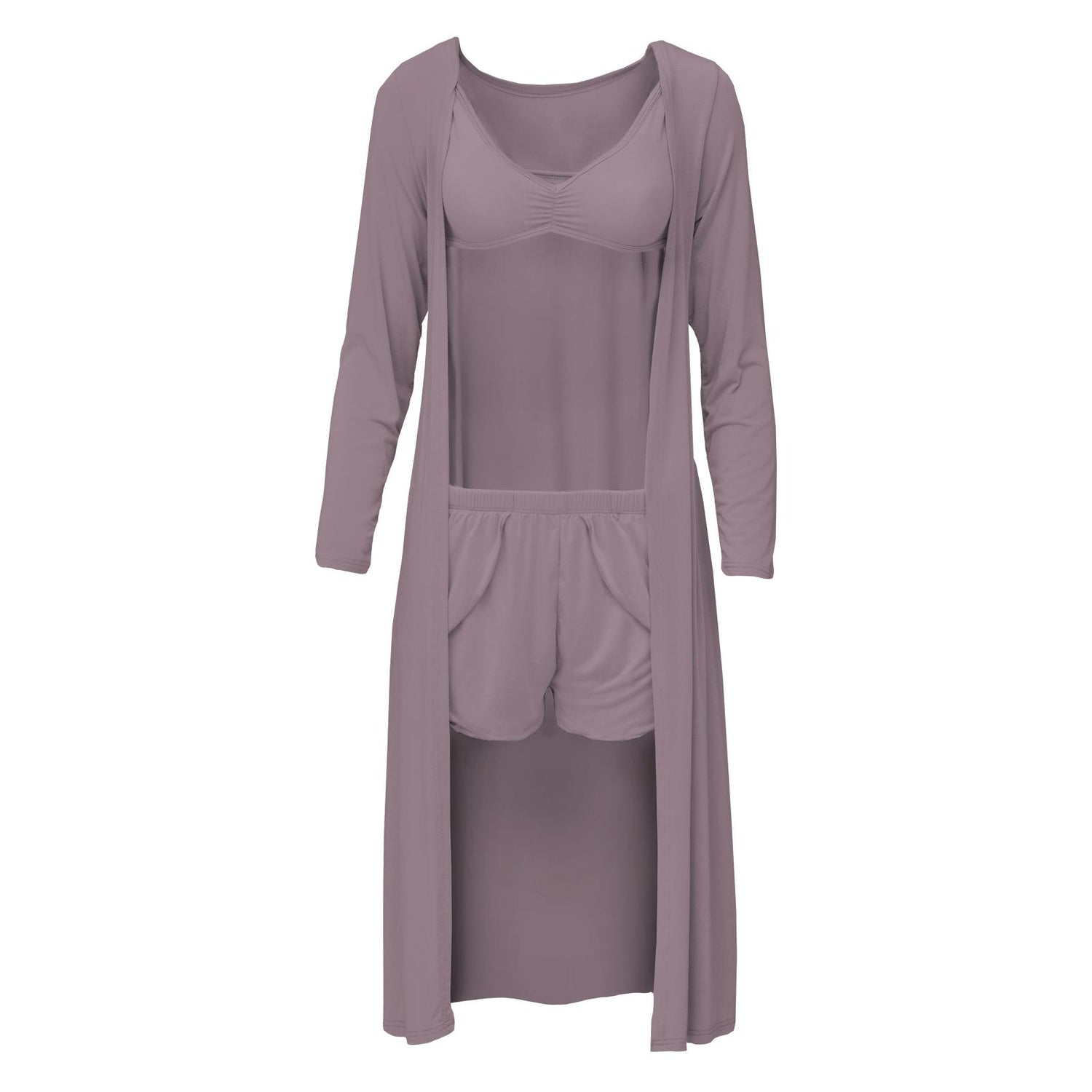 Women's Sleeping Bra, Tulip Shorts and Duster Robe Set in Elderberry