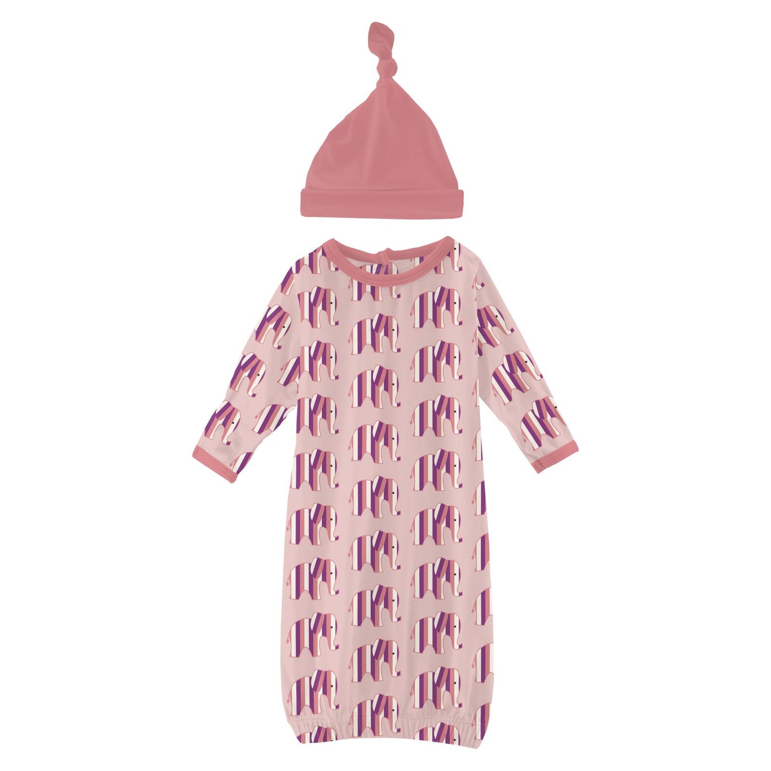 Print Layette Gown & Single Knot Hat Set in Baby Rose Elephant Stripe