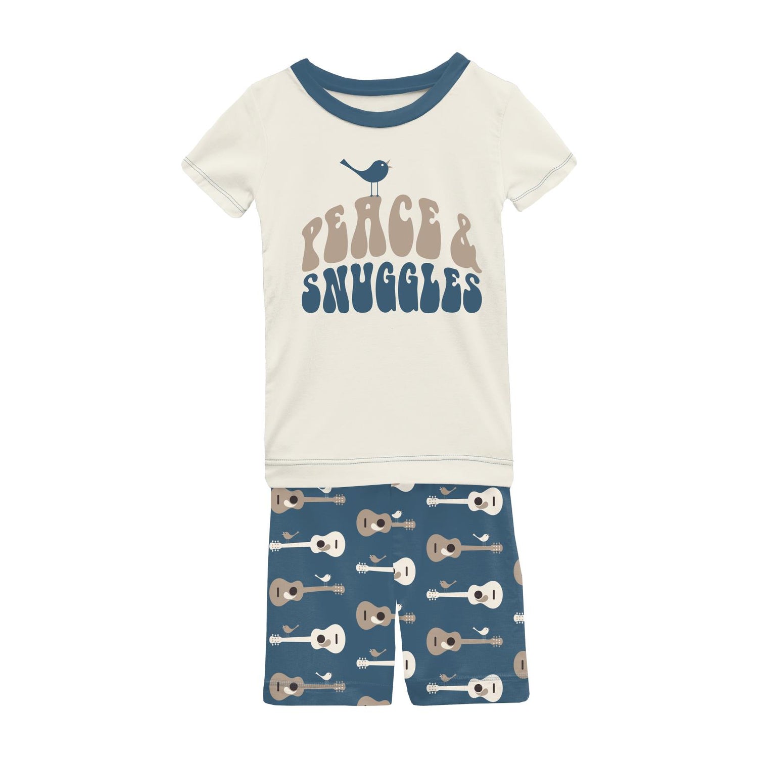 Short Sleeve Graphic Tee Pajama Set with Shorts in Deep Sea Guitar Birds