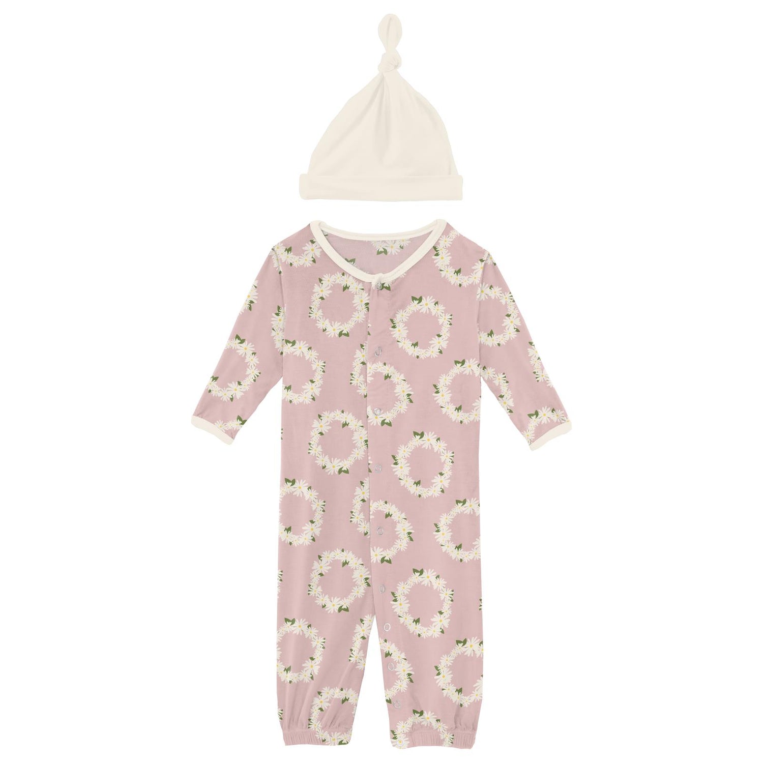 Print Layette Gown Converter & Single Knot Hat Set in Baby Rose Daisy Crowns