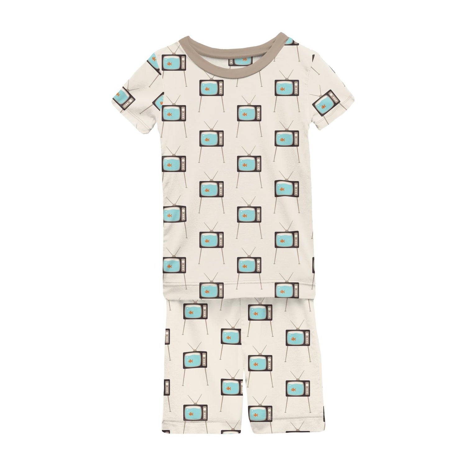 Print Short Sleeve Pajama Set with Shorts in Natural Vintage TV