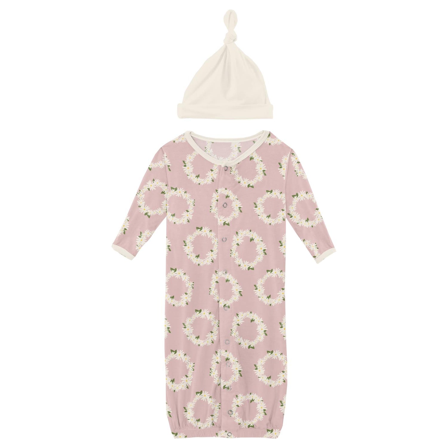 Print Layette Gown Converter & Single Knot Hat Set in Baby Rose Daisy Crowns