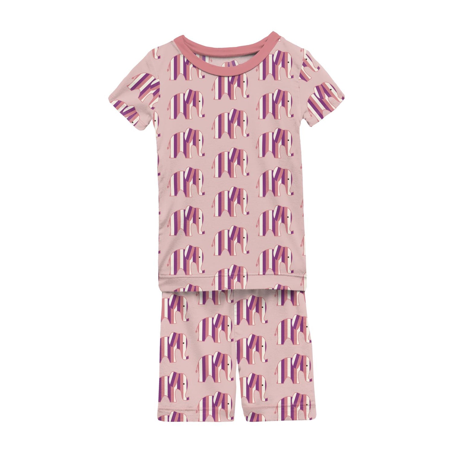 Print Short Sleeve Pajama Set with Shorts in Baby Rose Elephant Stripe