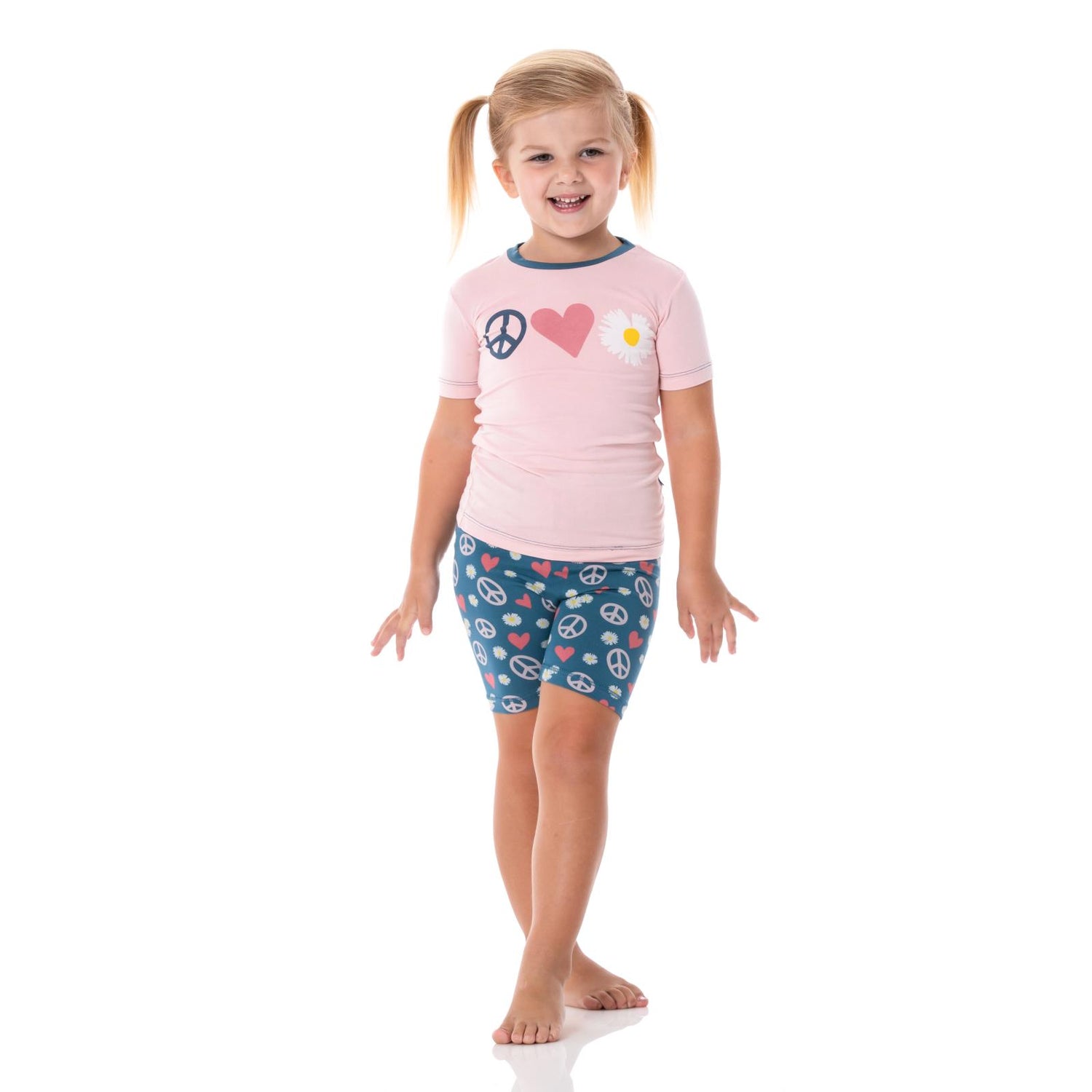 Short Sleeve Graphic Tee Pajama Set with Shorts in Peace, Love and Happiness