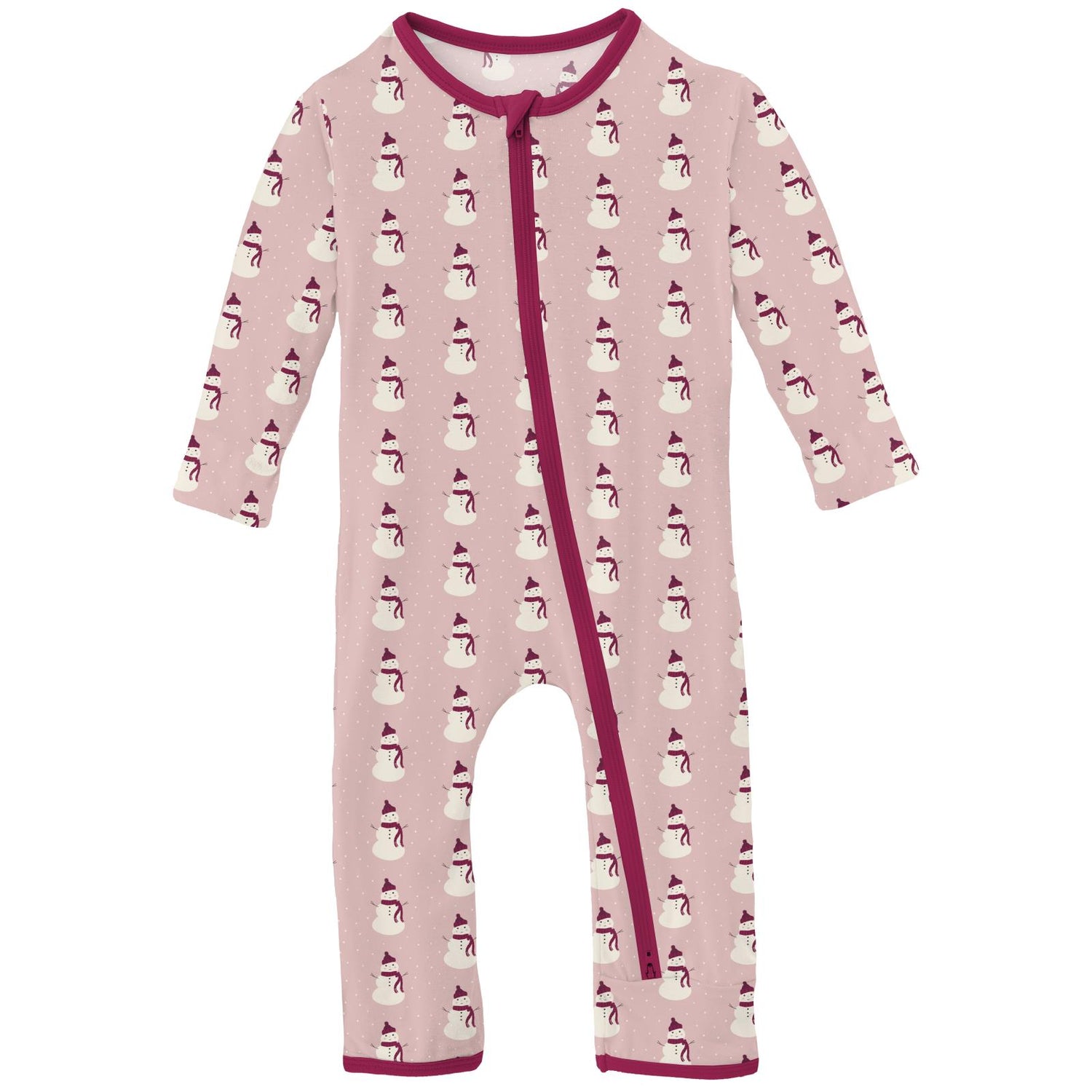 Print Coverall with 2 Way Zipper in Baby Rose Tiny Snowman