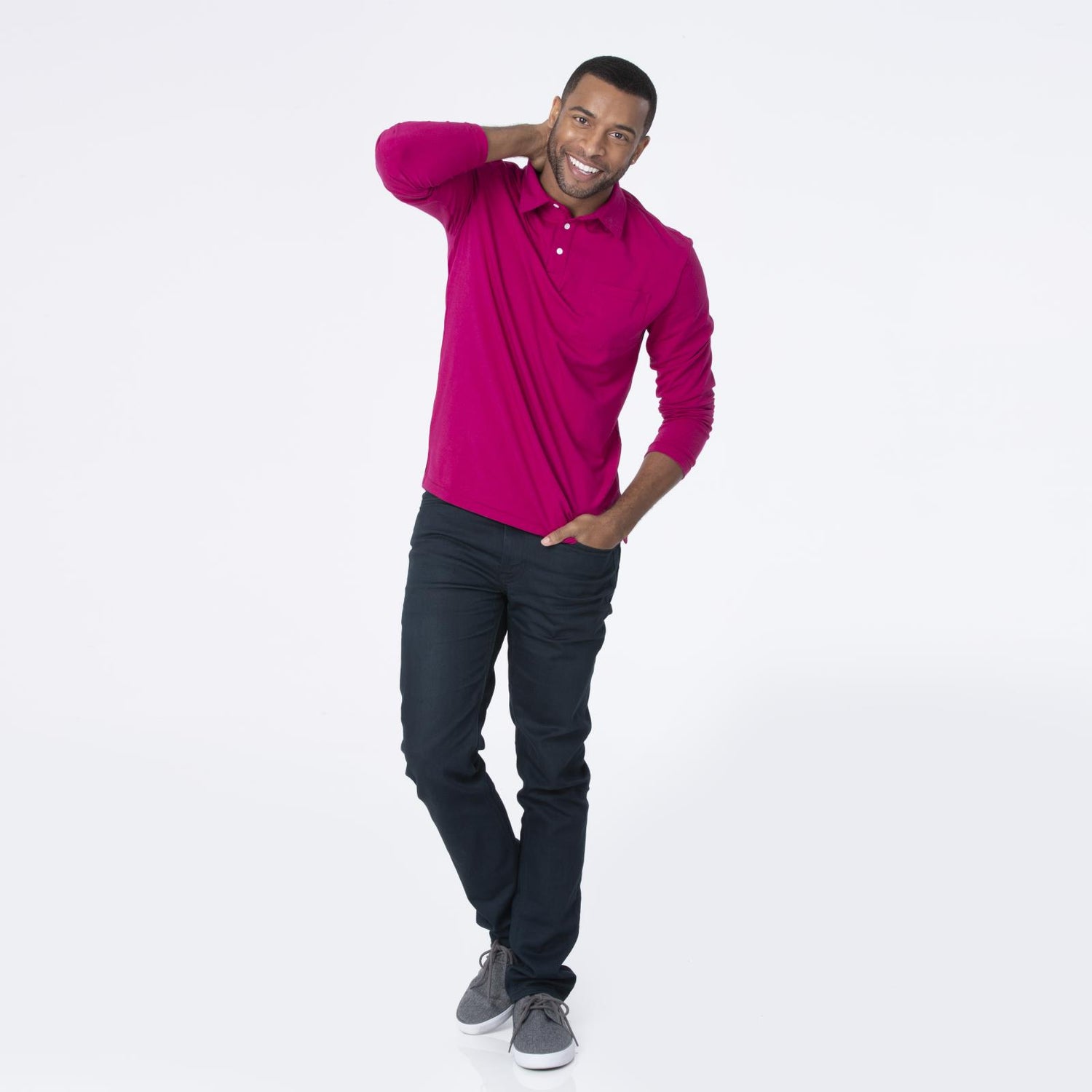 Men's Long Sleeve Luxe Jersey Polo in Dragonfruit