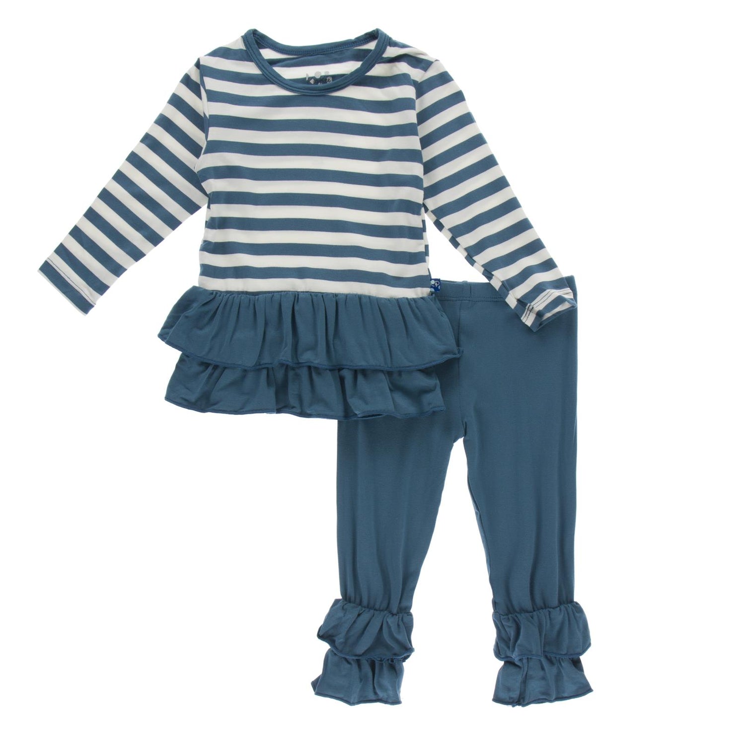 Print Long Sleeve Double Ruffle Outfit Set in Nautical Stripe