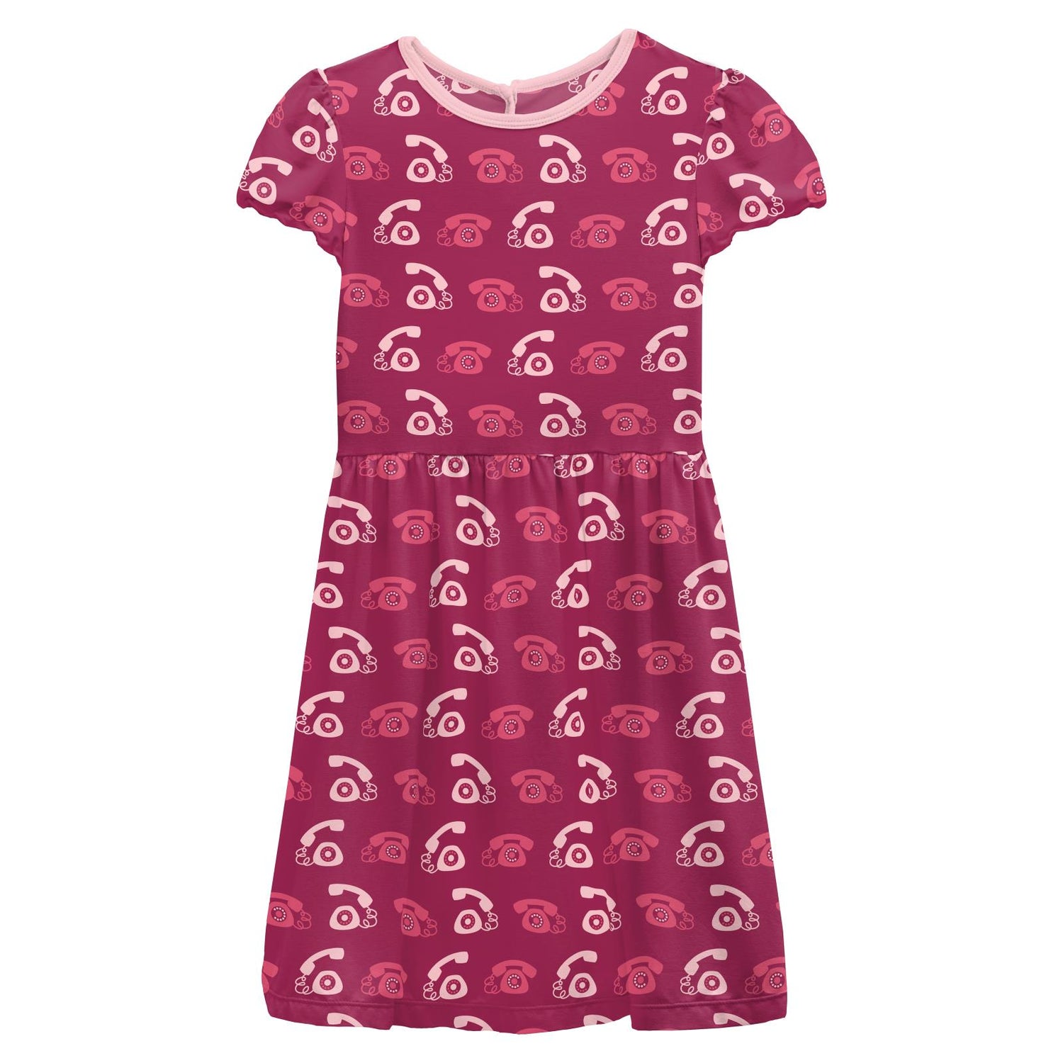 Print Flutter Sleeve Twirl Dress in Berry Telephone